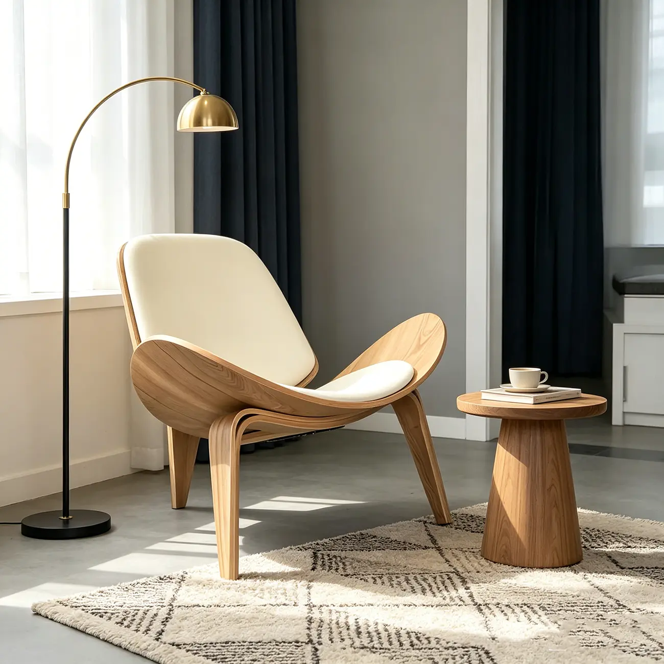 Scandinavian Leather/Linen Accent Chair with Wood Frame Image - 3 | homeyfad