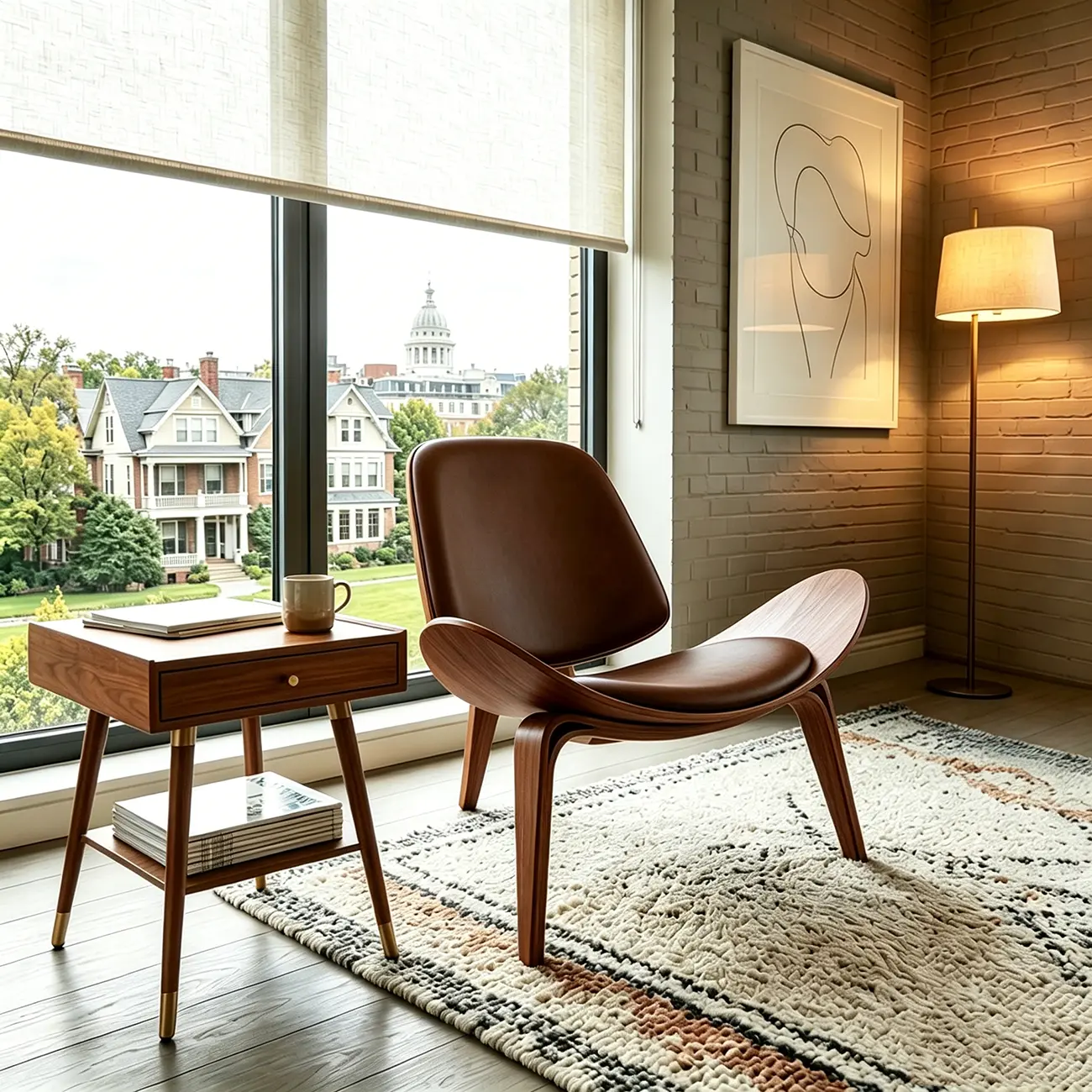Scandinavian Leather/Linen Accent Chair with Wood Frame Image - 16 | homeyfad