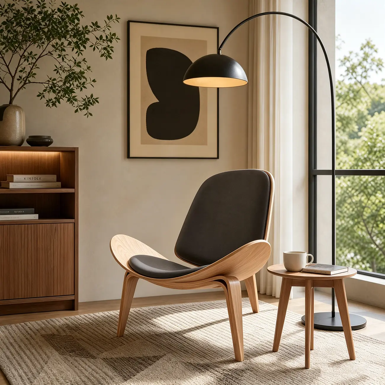 Scandinavian Leather/Linen Accent Chair with Wood Frame Image - 1 | homeyfad
