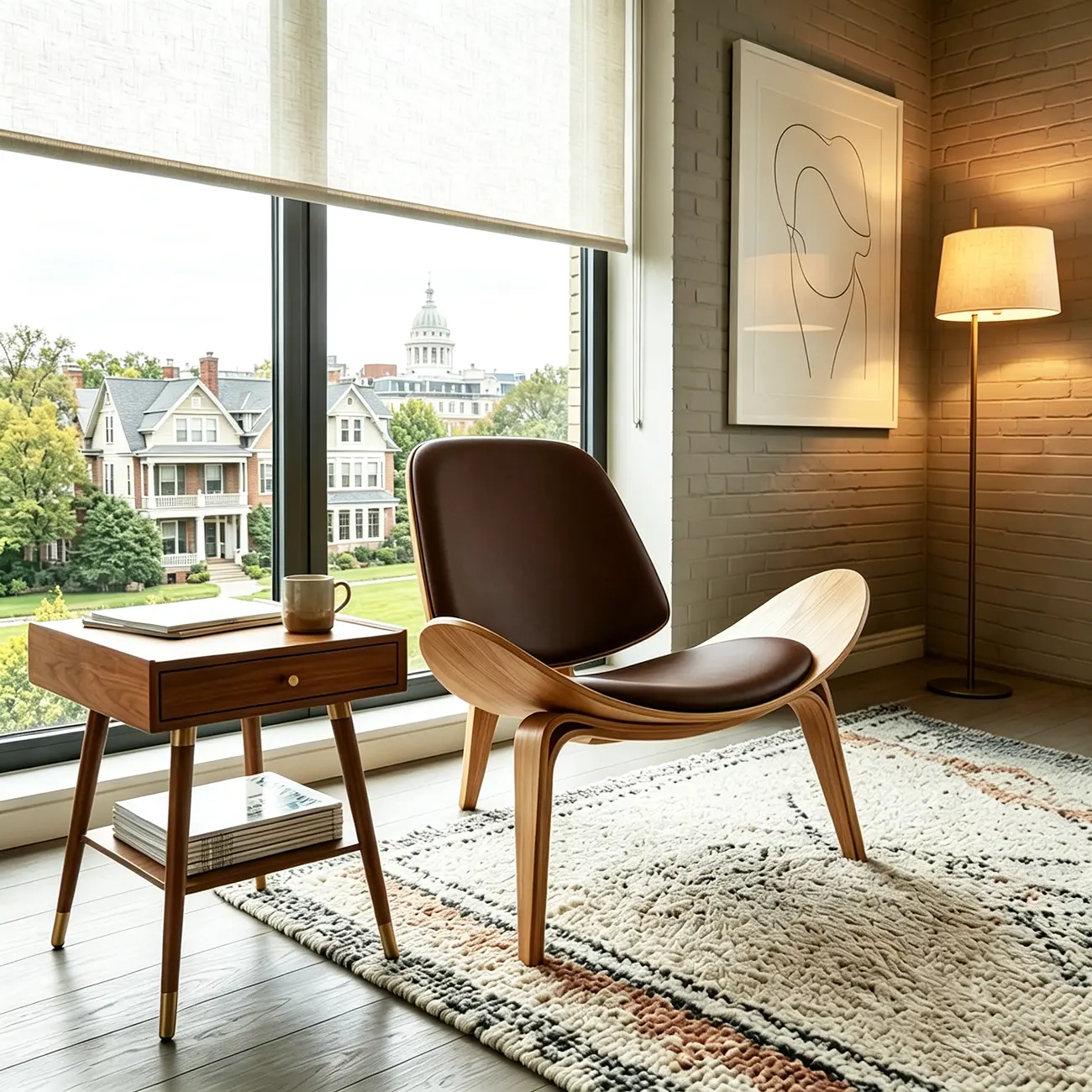 Scandinavian Leather/Linen Accent Chair with Wood Frame Image - 7 | homeyfad
