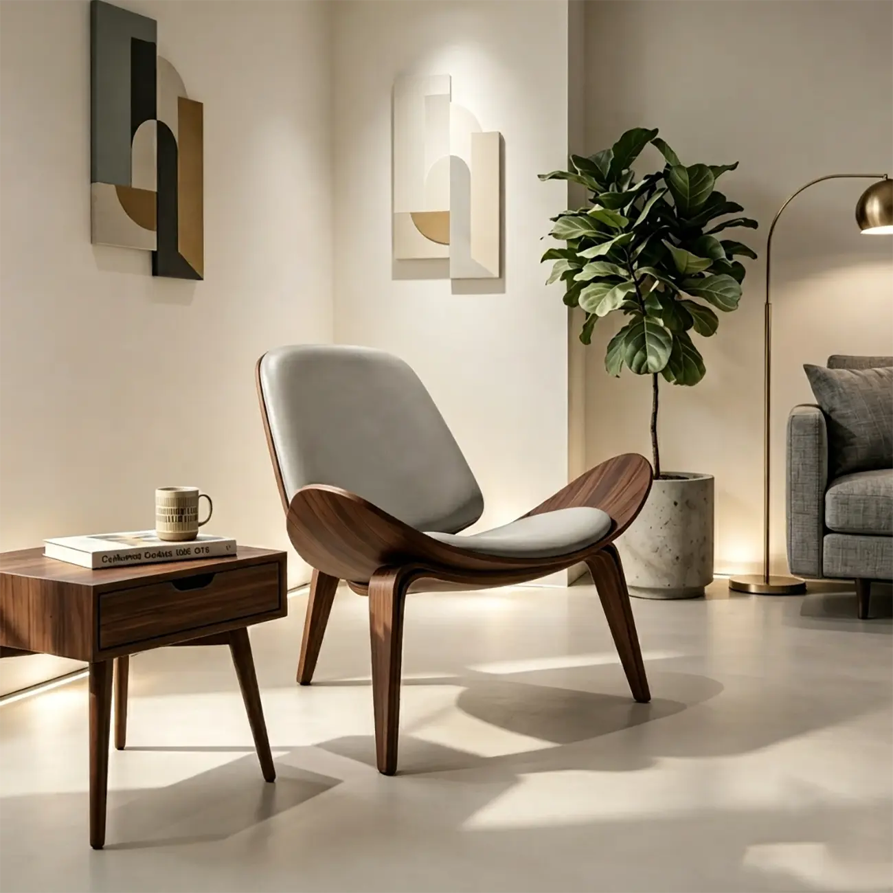 Scandinavian Leather/Linen Accent Chair with Wood Frame Image - 19 | homeyfad