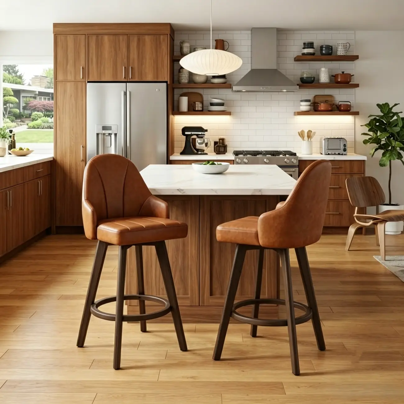 Set of 2 Swivel Mid-century Modern Solid Wood Counter Stools Image - 2 | homeyfad