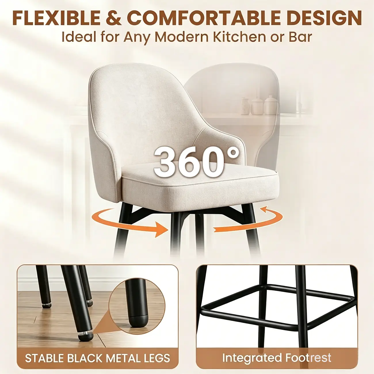 360° Swivel Modern Chenille Fabric Counter Stool Image - 10 | homeyfad