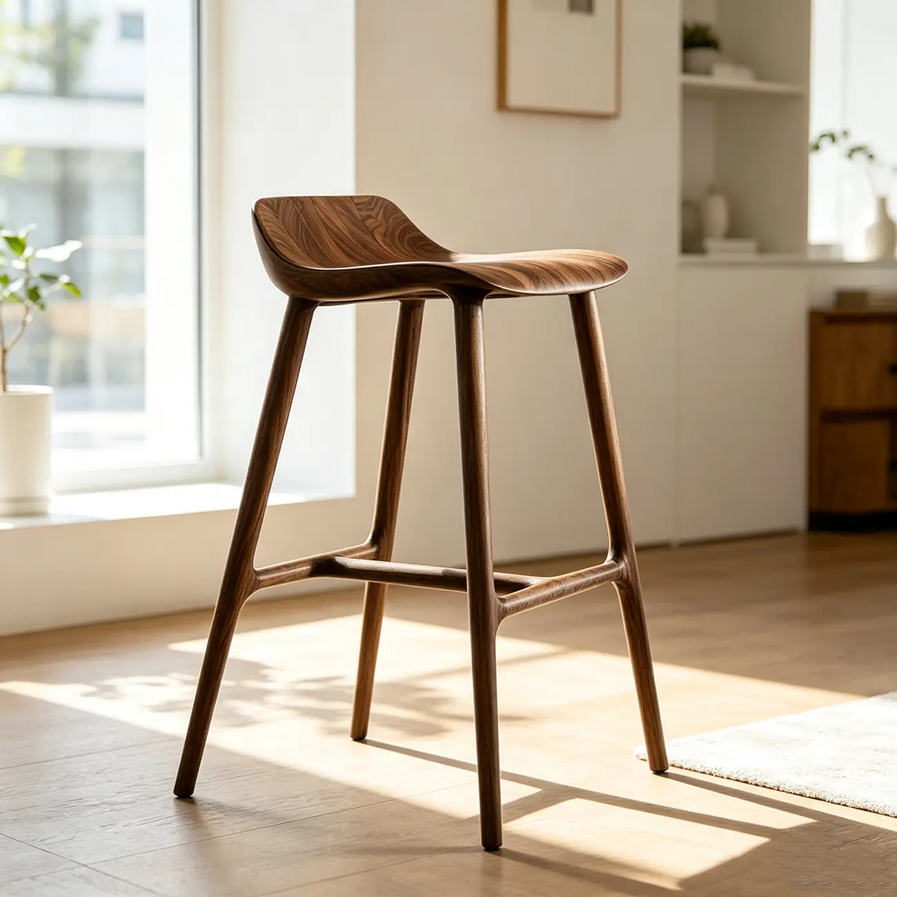 Scandinavian Saddle Brown Solid Wood Armless Bar Stools Image - 2 | homeyfad