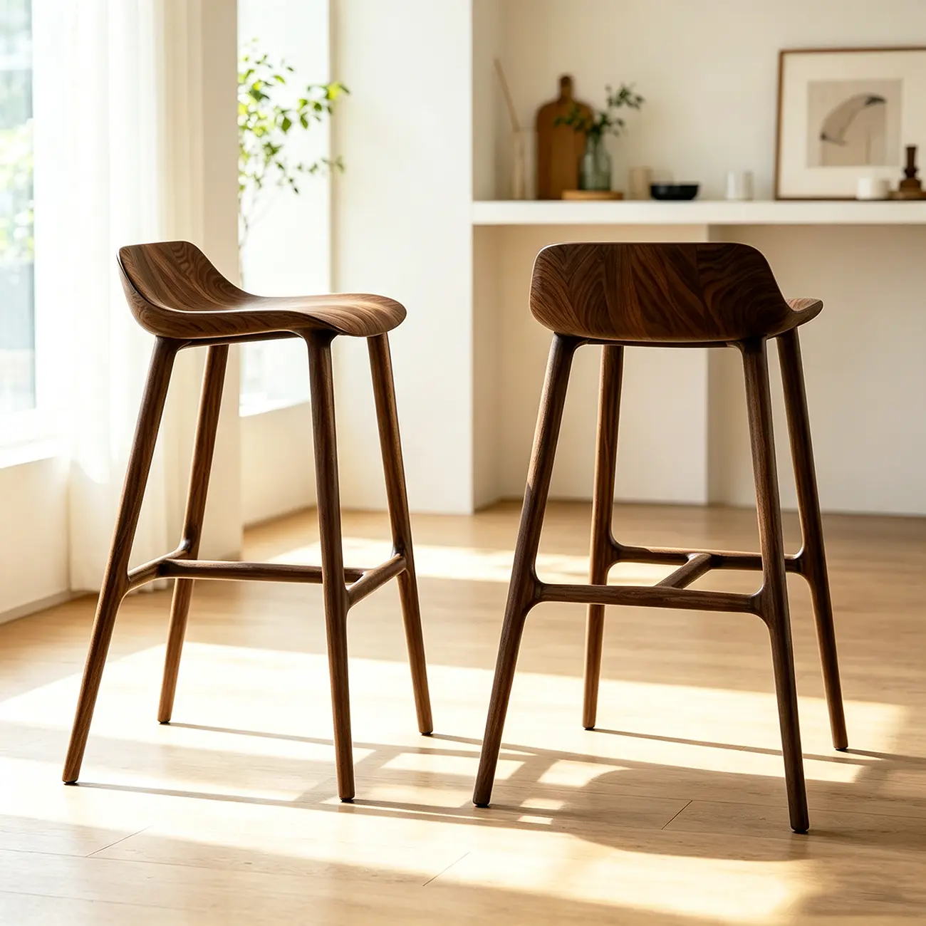 Scandinavian Saddle Brown Solid Wood Armless Bar Stools Image - 7 | homeyfad