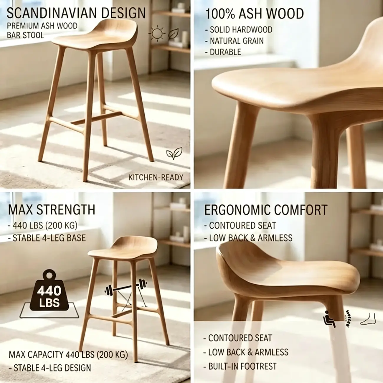 Scandinavian Saddle Brown Solid Wood Armless Bar Stools Image - 6 | homeyfad