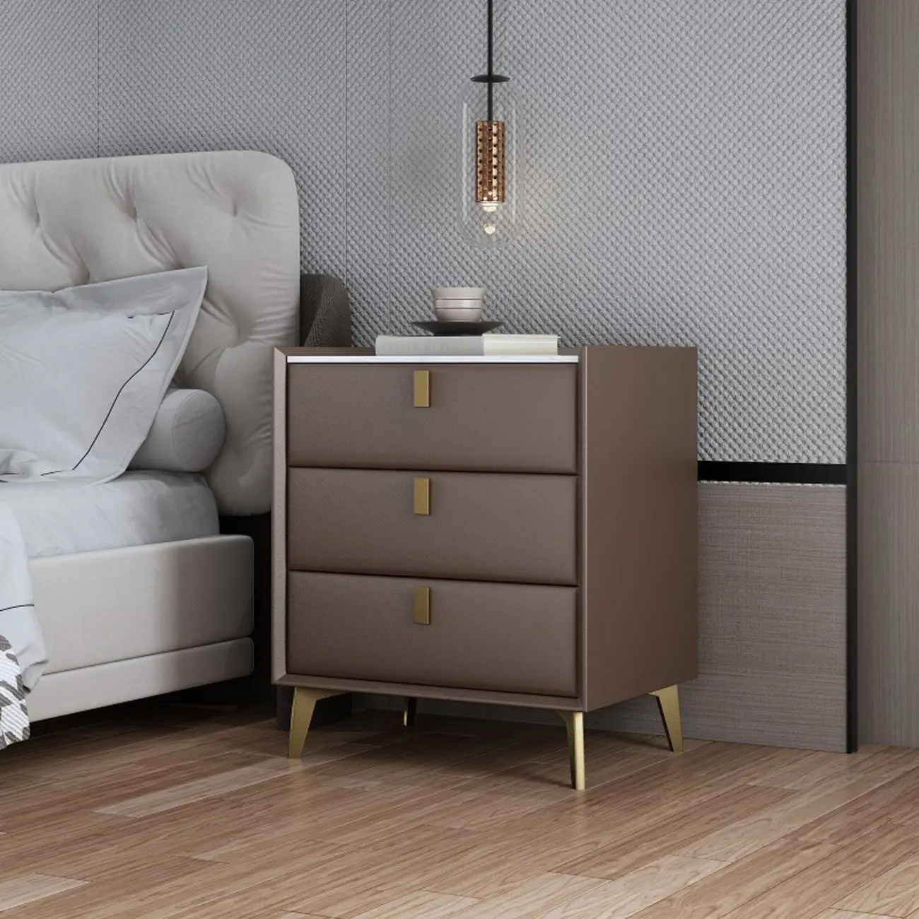 3 Tiers Modern Stone Top Leather Drawers Nightstand Image - 1 | homeyfad