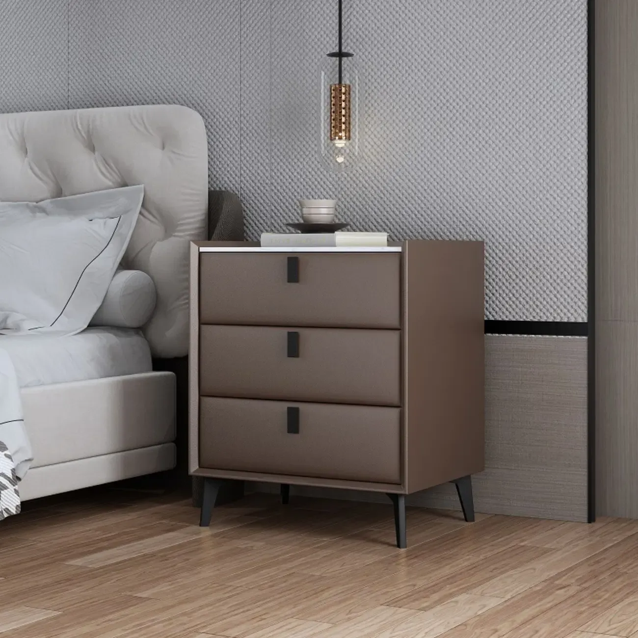 3 Tiers Modern Stone Top Leather Drawers Nightstand Image - 2