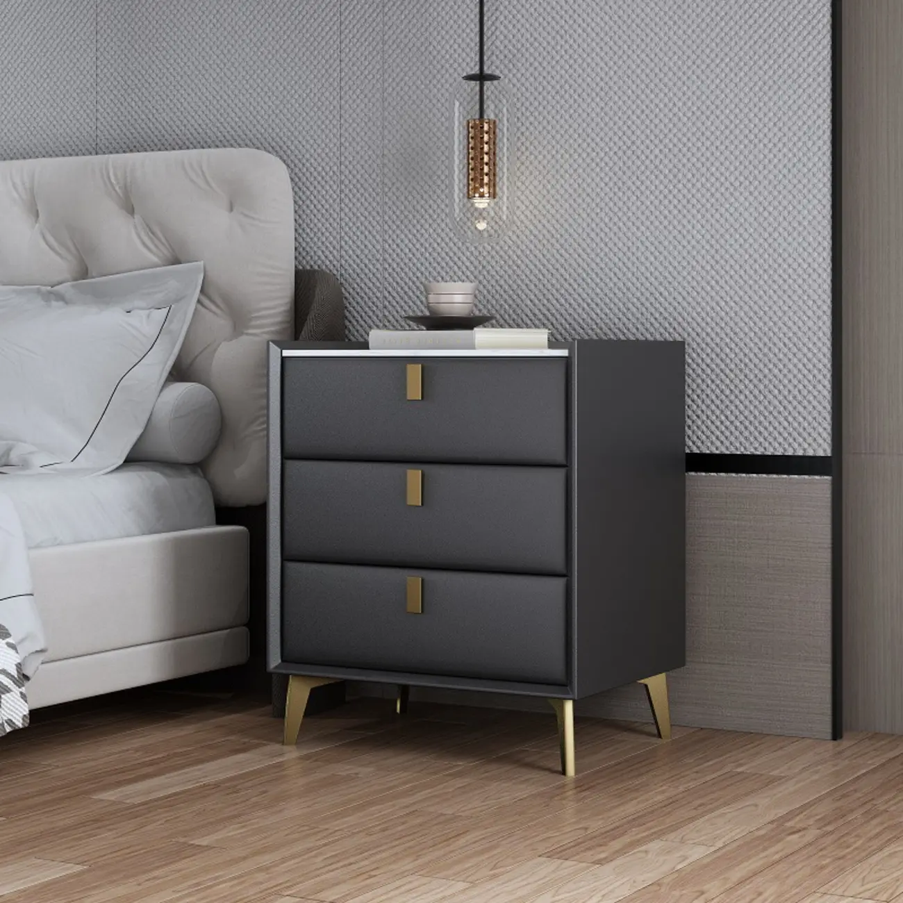 3 Tiers Modern Stone Top Leather Drawers Nightstand Image - 3 | homeyfad