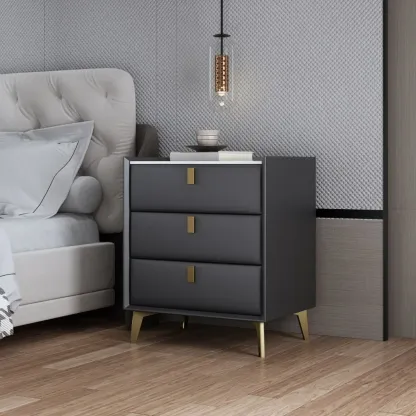 3 Tiers Modern Stone Top Leather Drawers Nightstand Image - 3
