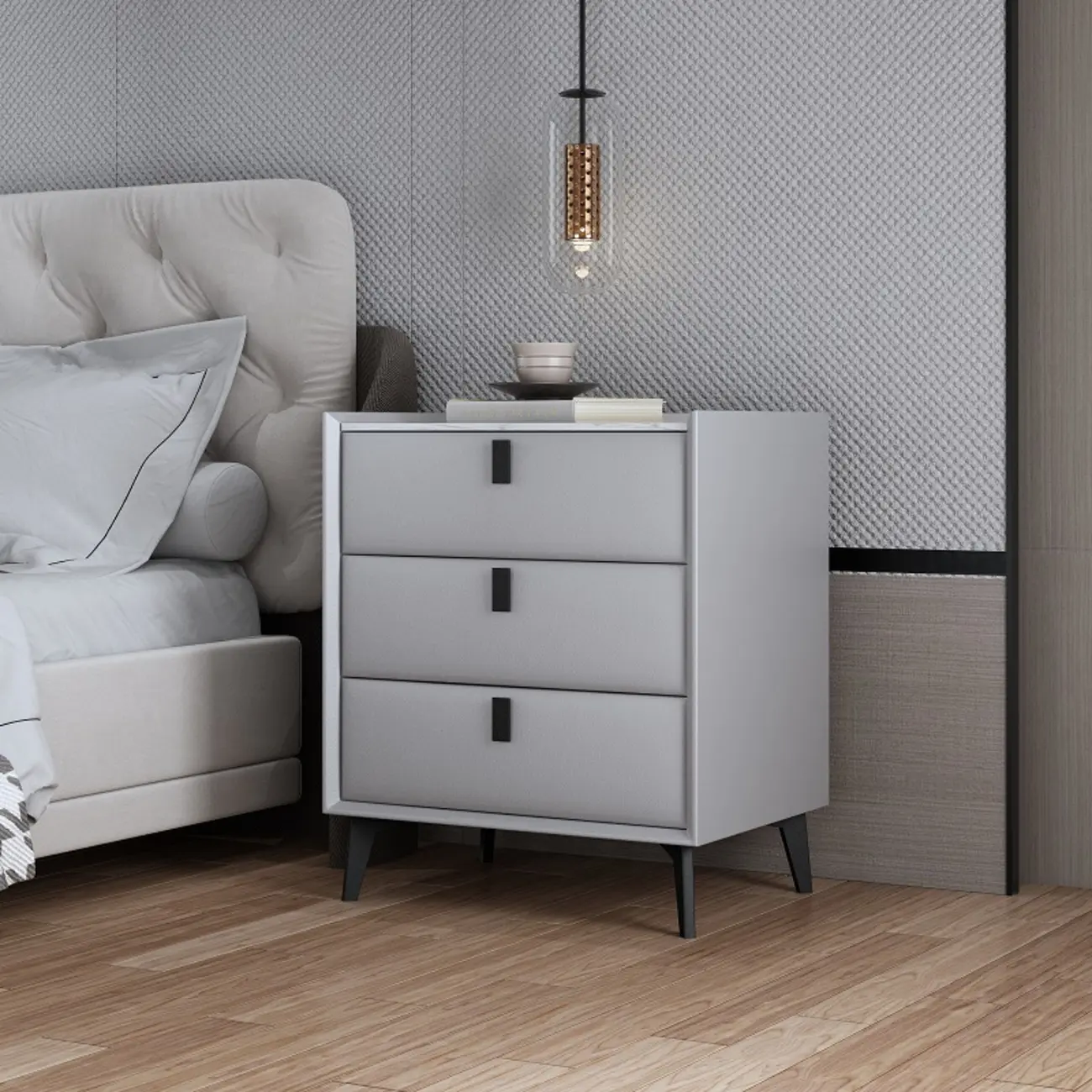 3 Tiers Modern Stone Top Leather Drawers Nightstand Image - 4 | homeyfad
