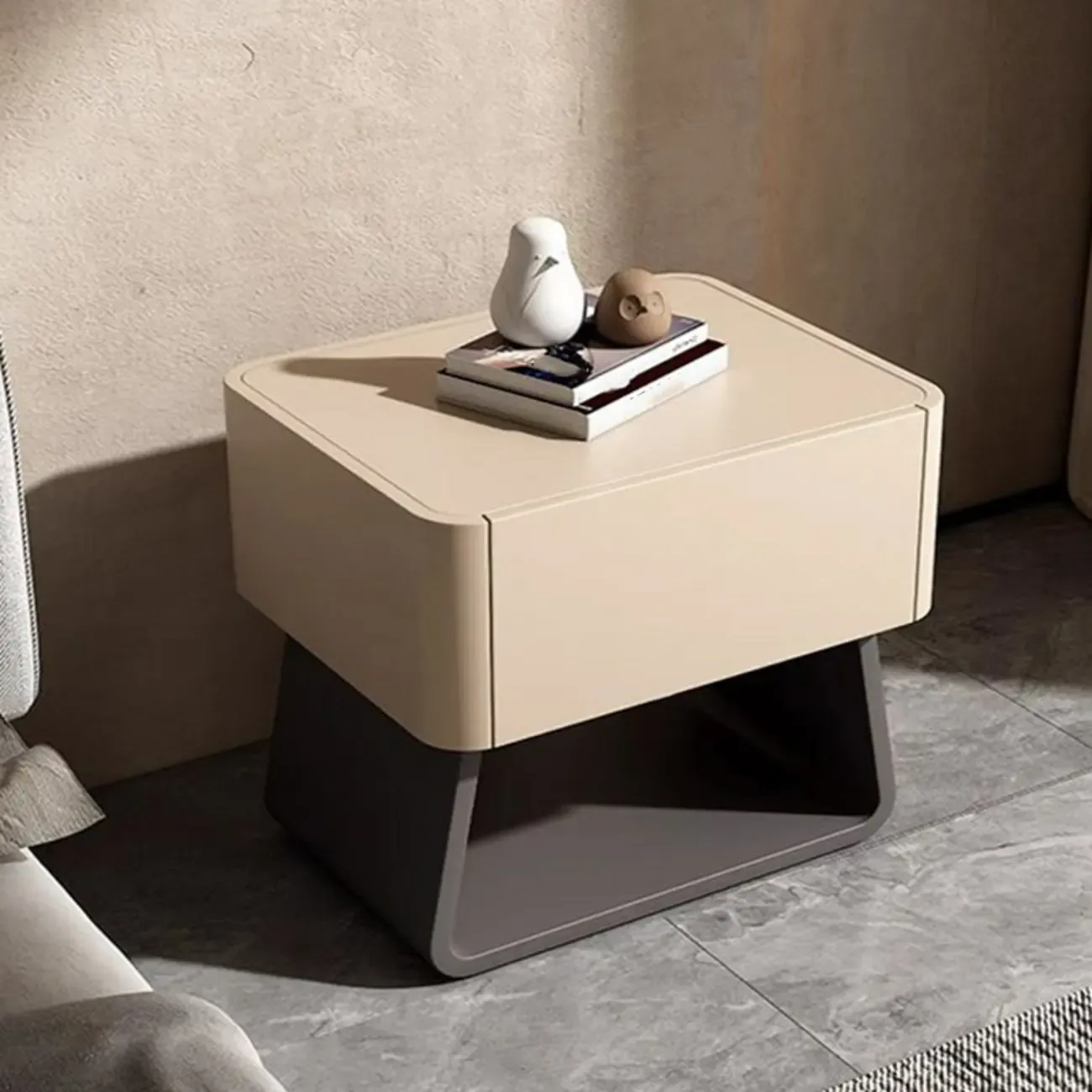 Modern Milky Gray/ White Low Wooden Drawer Nightstand Image - 2