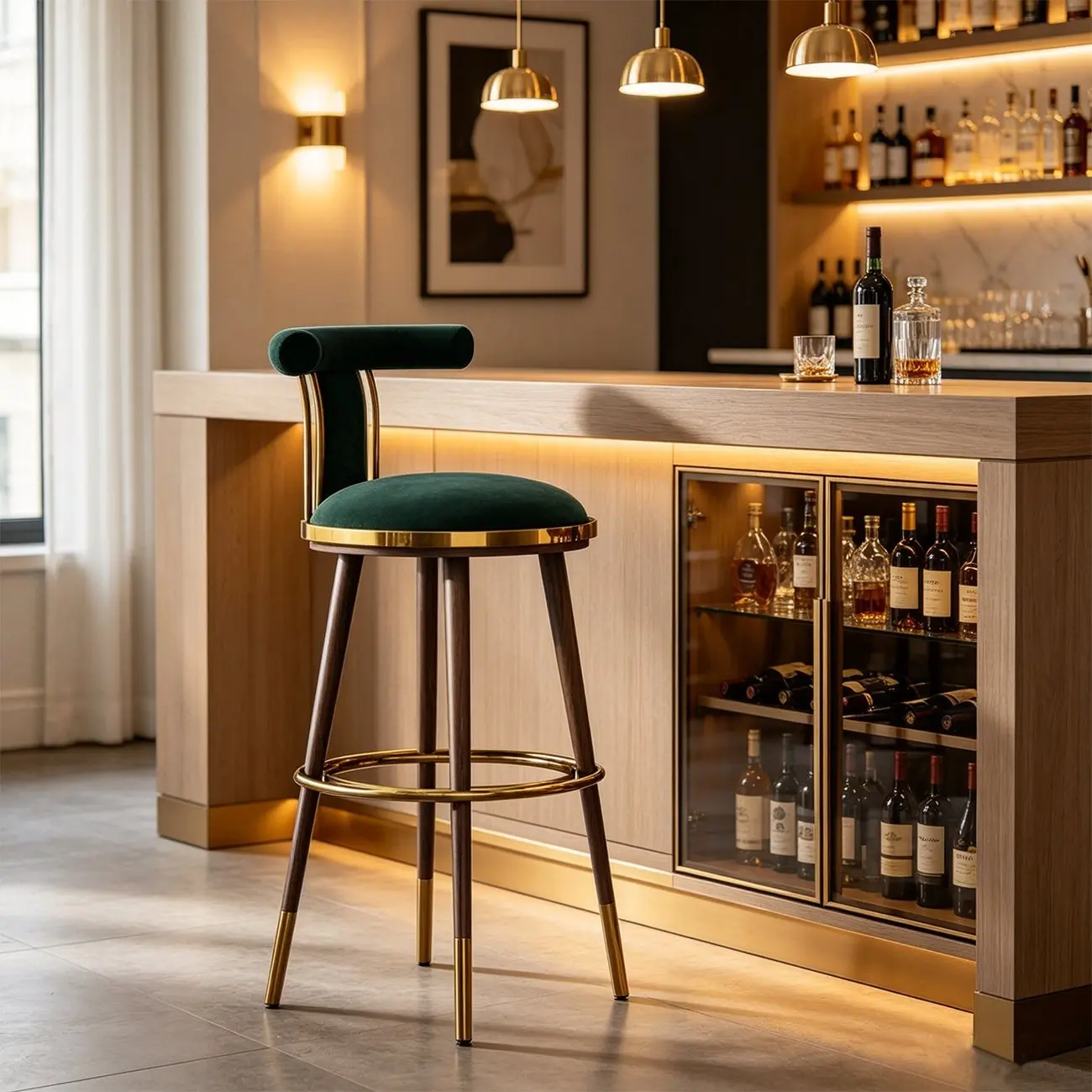 Luxury Modern Velvet Upholstered Round Bar Stools with Backrest Image - 2 | homeyfad