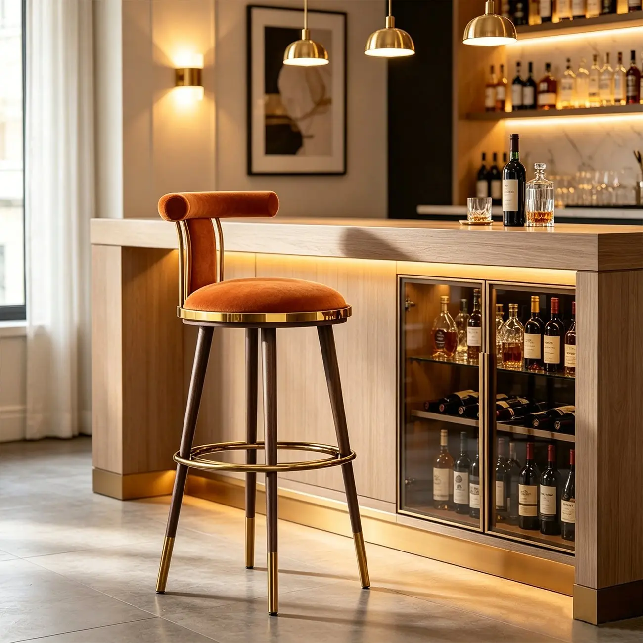 Luxury Modern Velvet Upholstered Round Bar Stools with Backrest Image - 9 | homeyfad