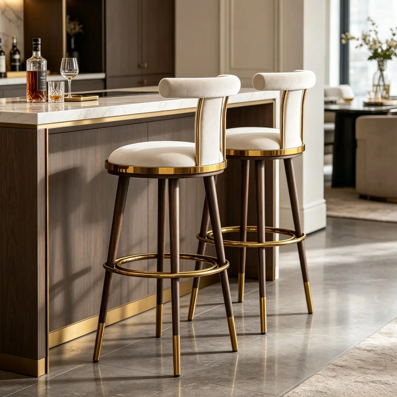 Luxury Modern Velvet Upholstered Round Bar Stools with Backrest Image - 10 | homeyfad