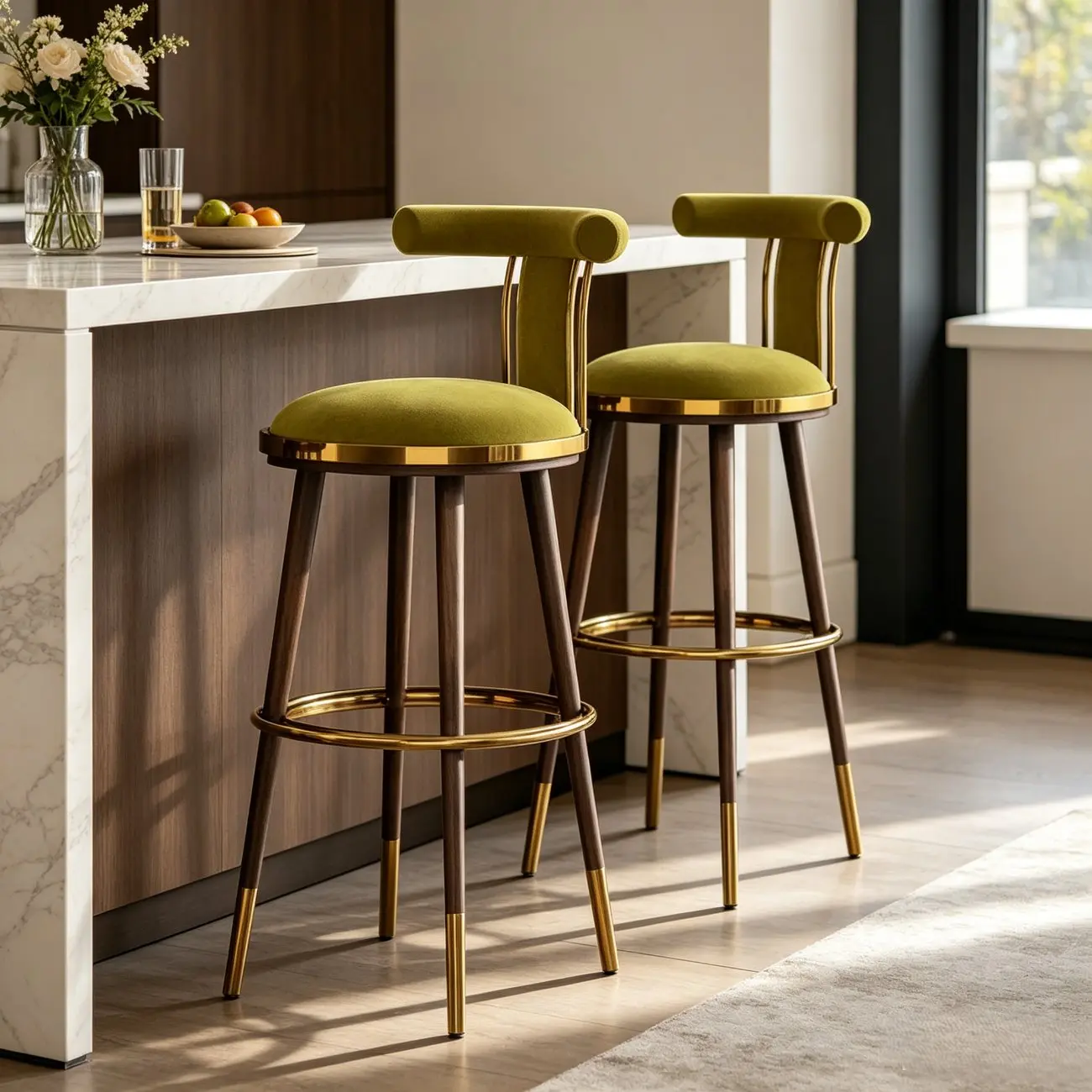 Luxury Modern Velvet Upholstered Round Bar Stools with Backrest Image - 7 | homeyfad