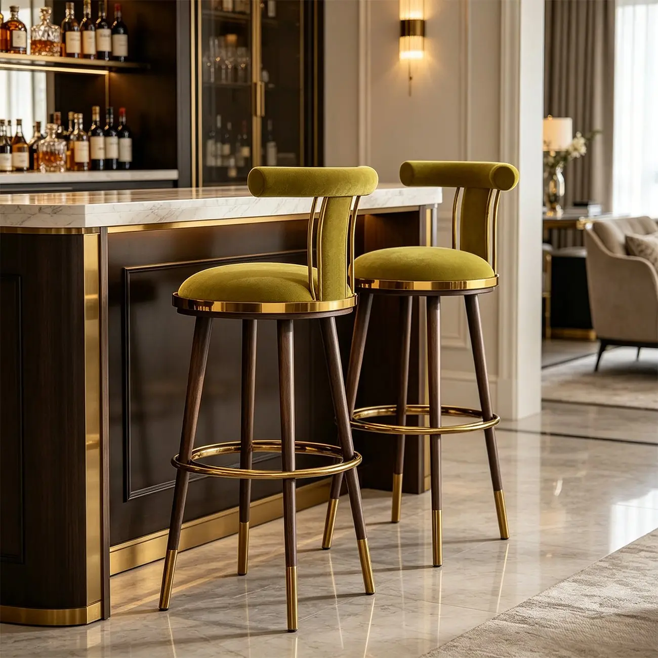 Luxury Modern Velvet Upholstered Round Bar Stools with Backrest Image - 8 | homeyfad