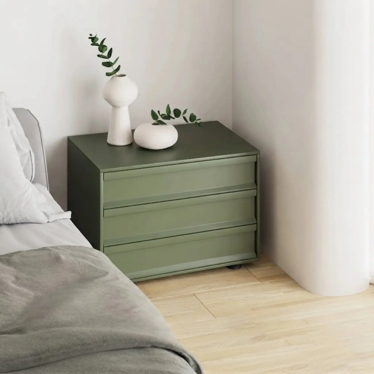 Contemporary Wooden Neat Line Olive Green 2 Drawer Nightstand Image - 2 | homeyfad