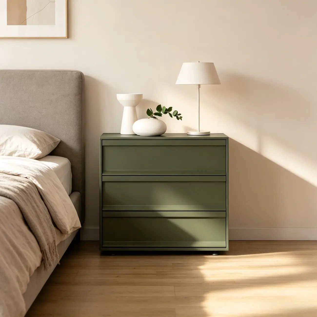 Contemporary Wooden Neat Line Olive Green 2 Drawer Nightstand Image - 4 | homeyfad