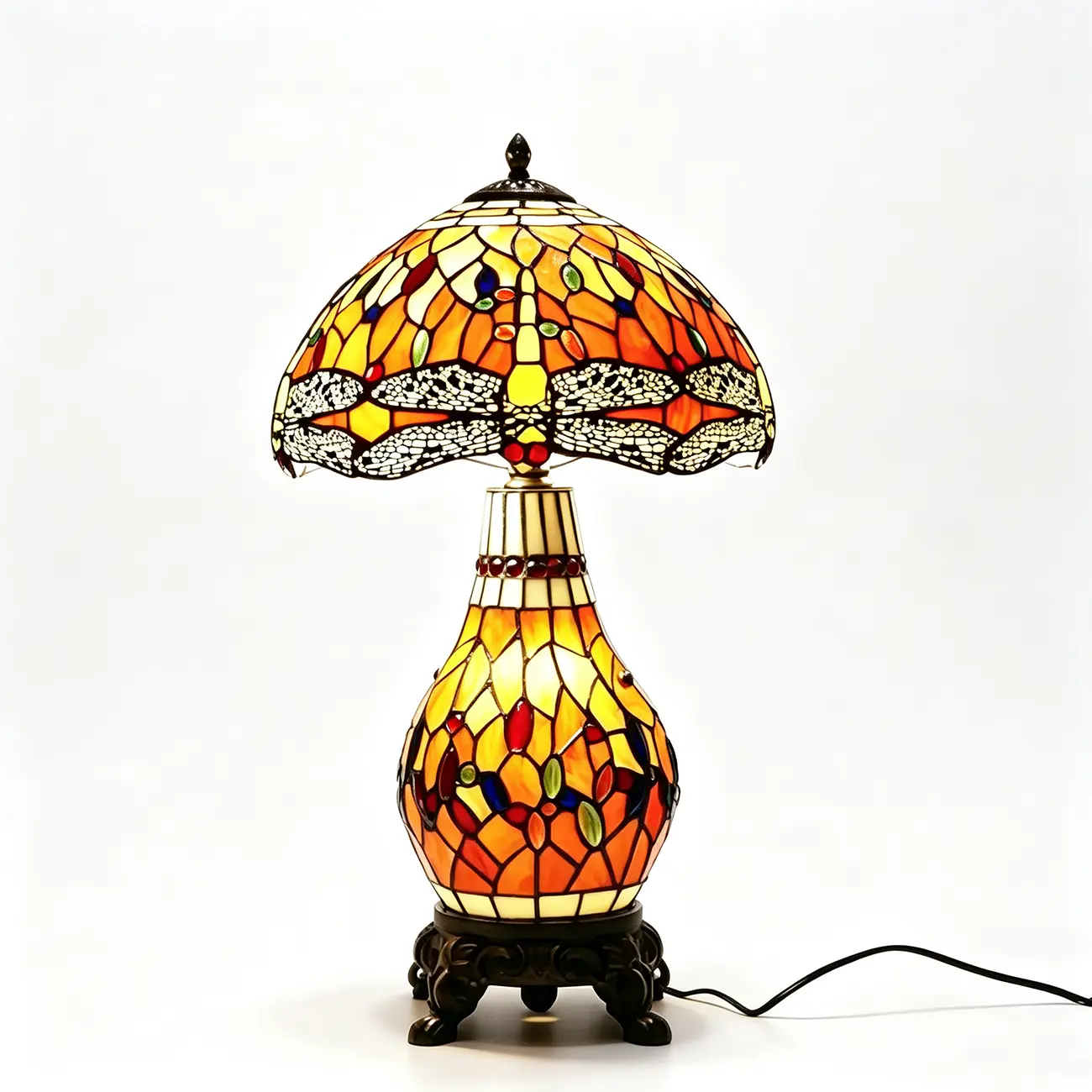 Vintage Stained Glass Rose 3-Light Dome-Shaped Table Lamp Image - 4 | homeyfad