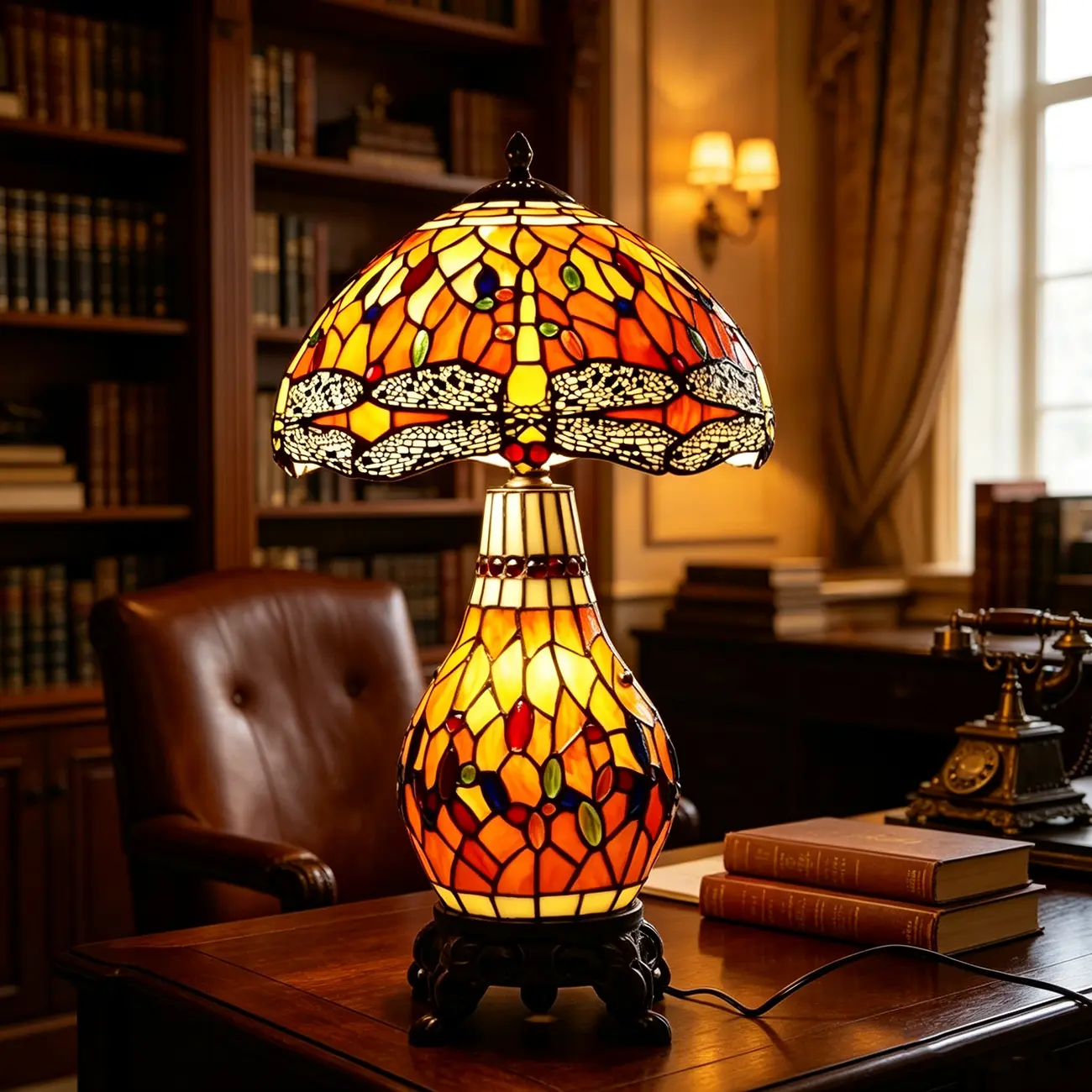 Vintage Stained Glass Rose 3-Light Dome-Shaped Table Lamp Image - 1 | homeyfad