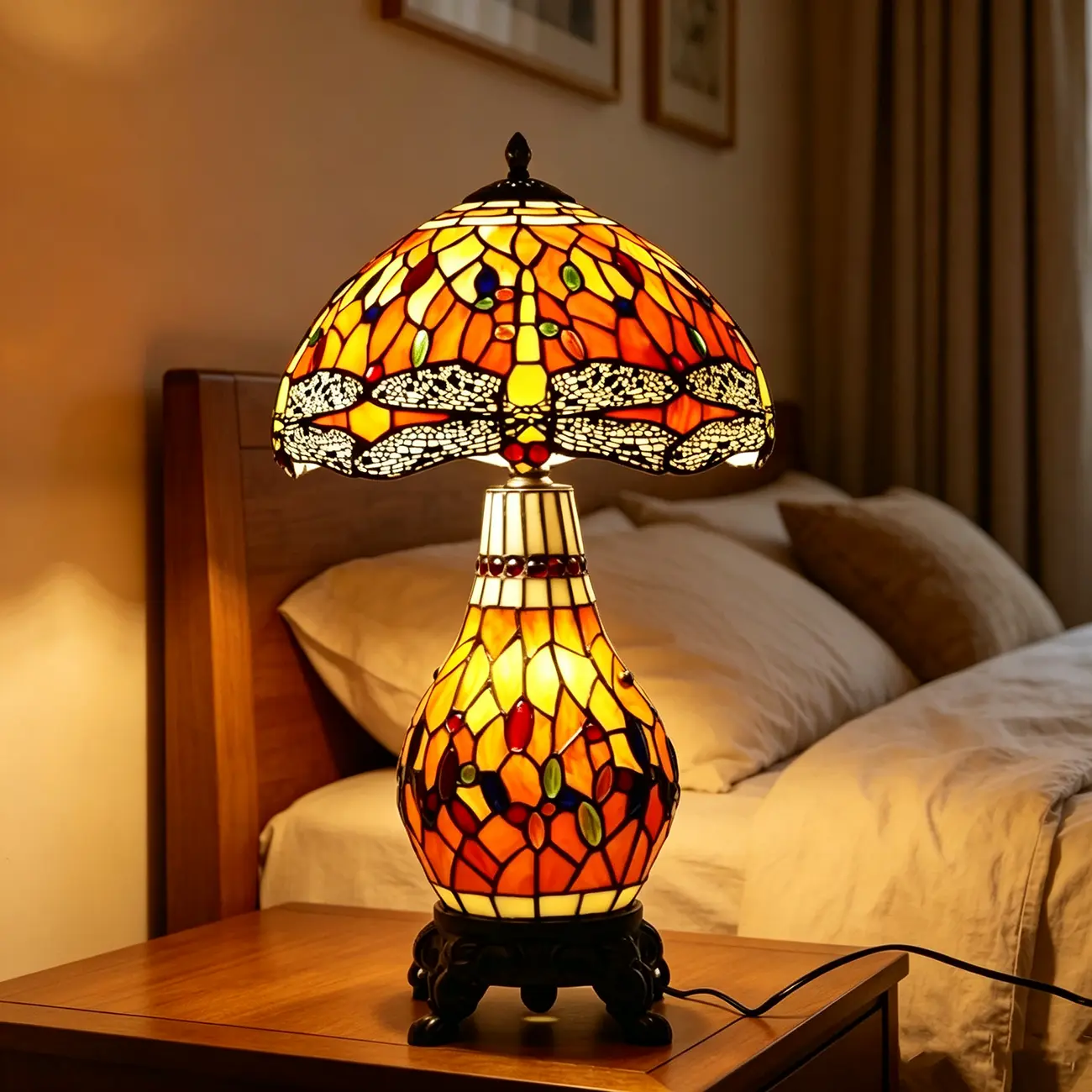 Vintage Stained Glass Rose 3-Light Dome-Shaped Table Lamp Image - 3 | homeyfad
