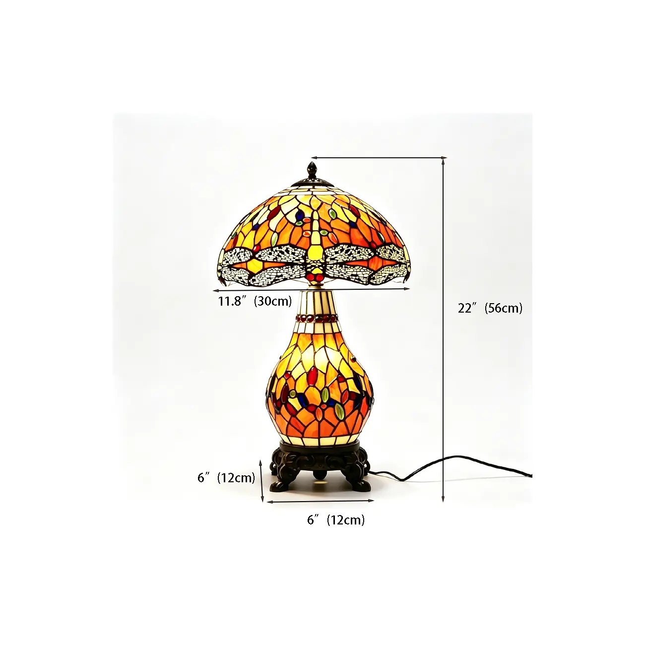 Vintage Stained Glass Rose 3-Light Dome-Shaped Table Lamp #size | homeyfad