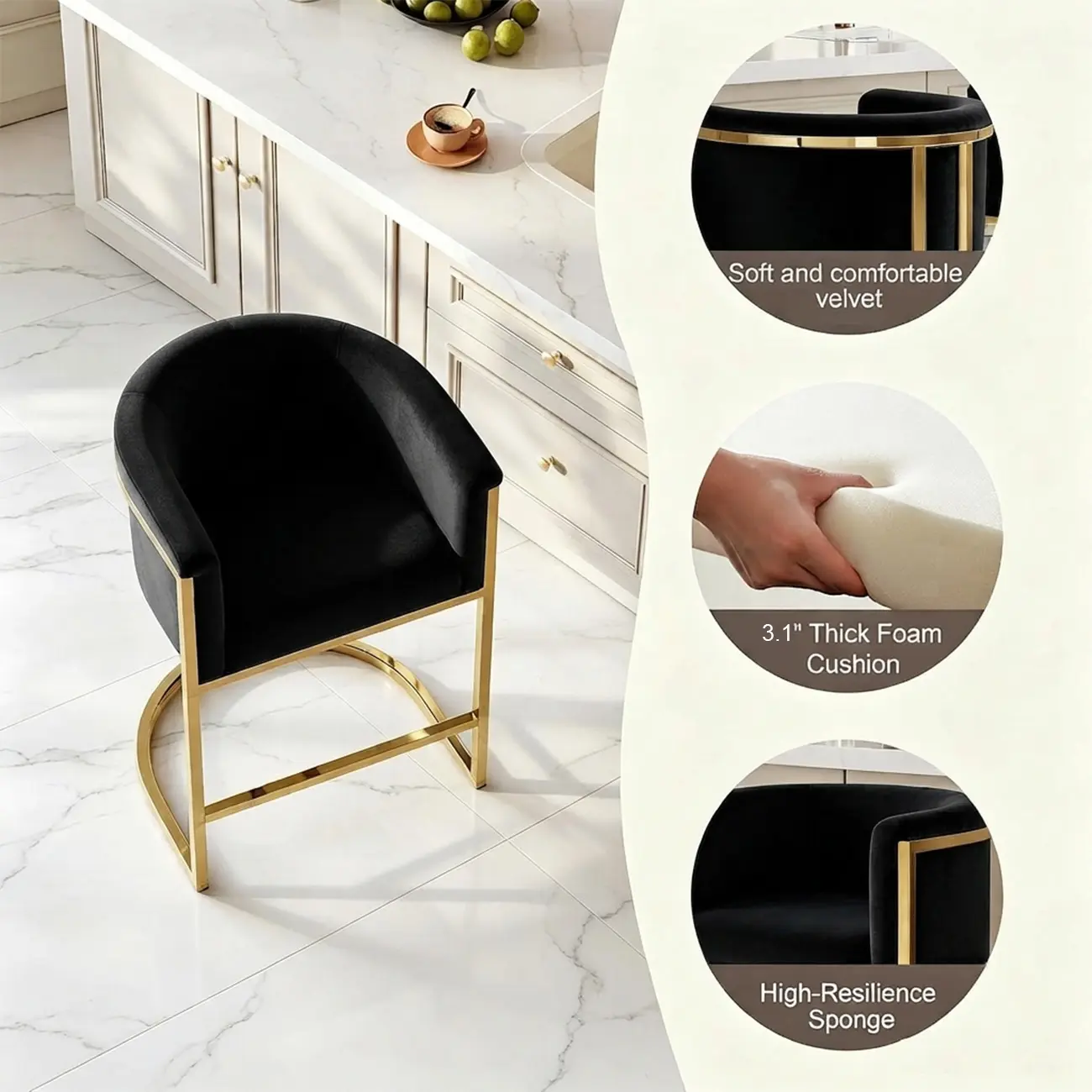 Glam Gold Sled Velvet Upholstered Bar Stool Image - 4 | homeyfad