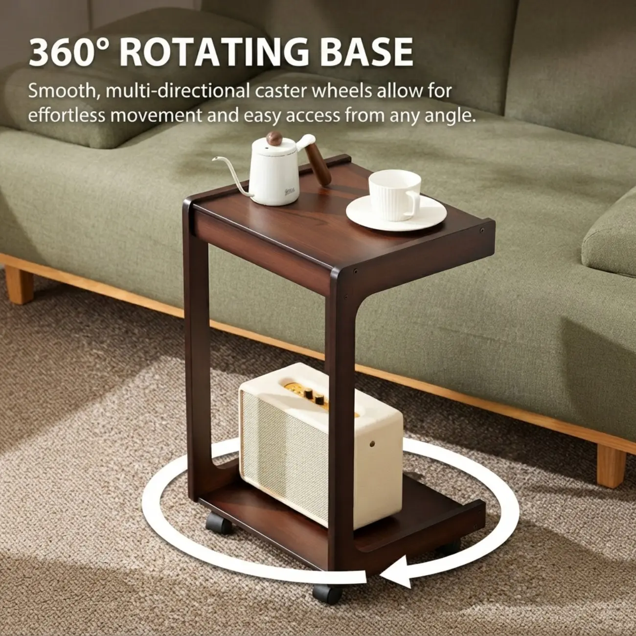 Modern Rolling Bamboo C-Shaped Side Table with Drawer Image - 6 | homeyfad