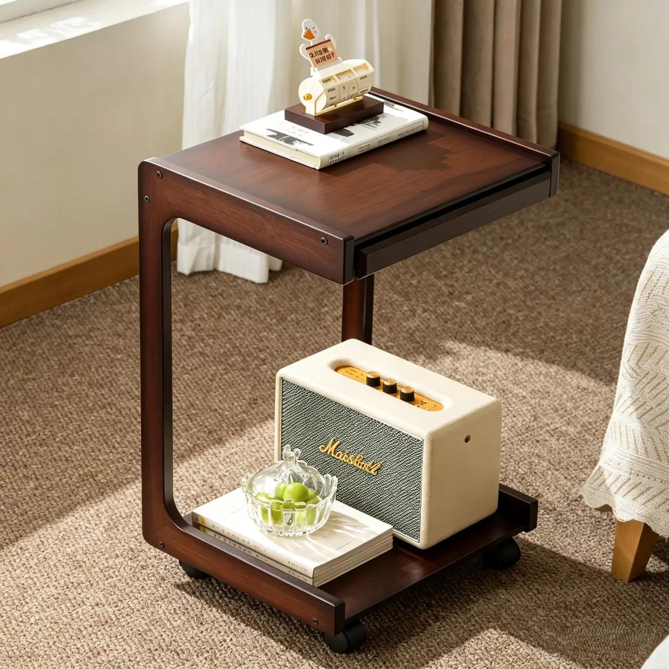 Modern Rolling Bamboo C-Shaped Side Table with Drawer Image - 1