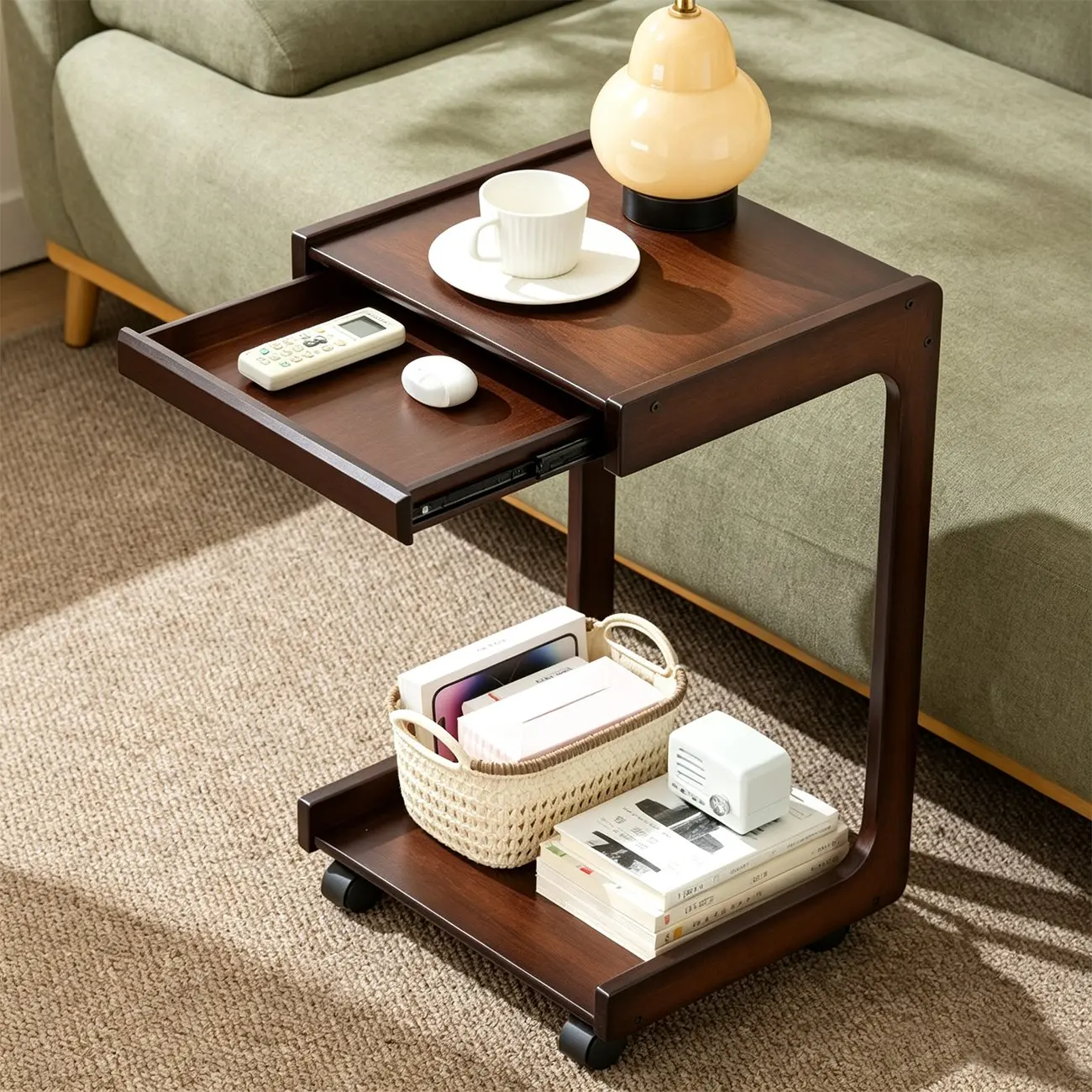 Modern Rolling Bamboo C-Shaped Side Table with Drawer Image - 2