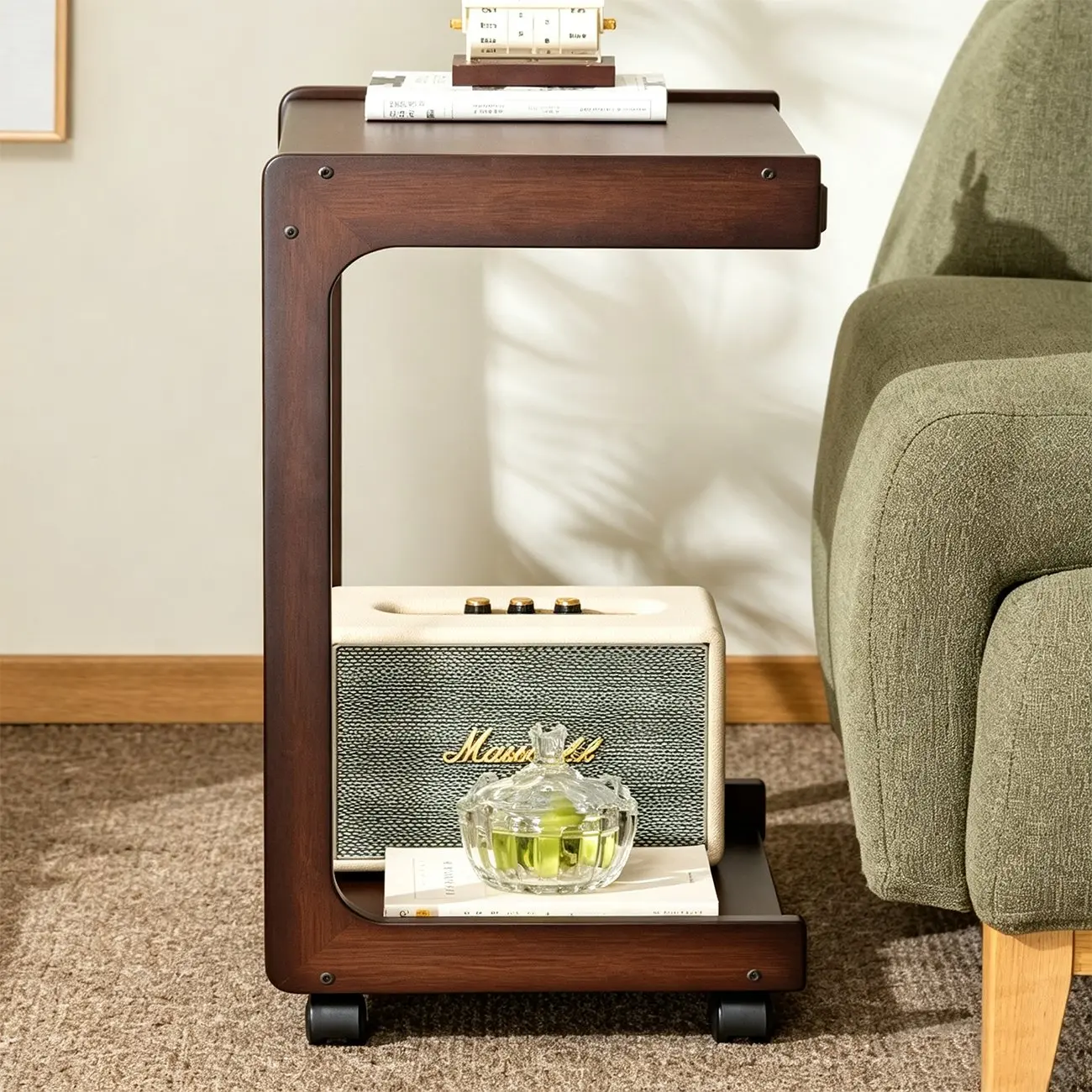 Modern Rolling Bamboo C-Shaped Side Table with Drawer Image - 5 | homeyfad