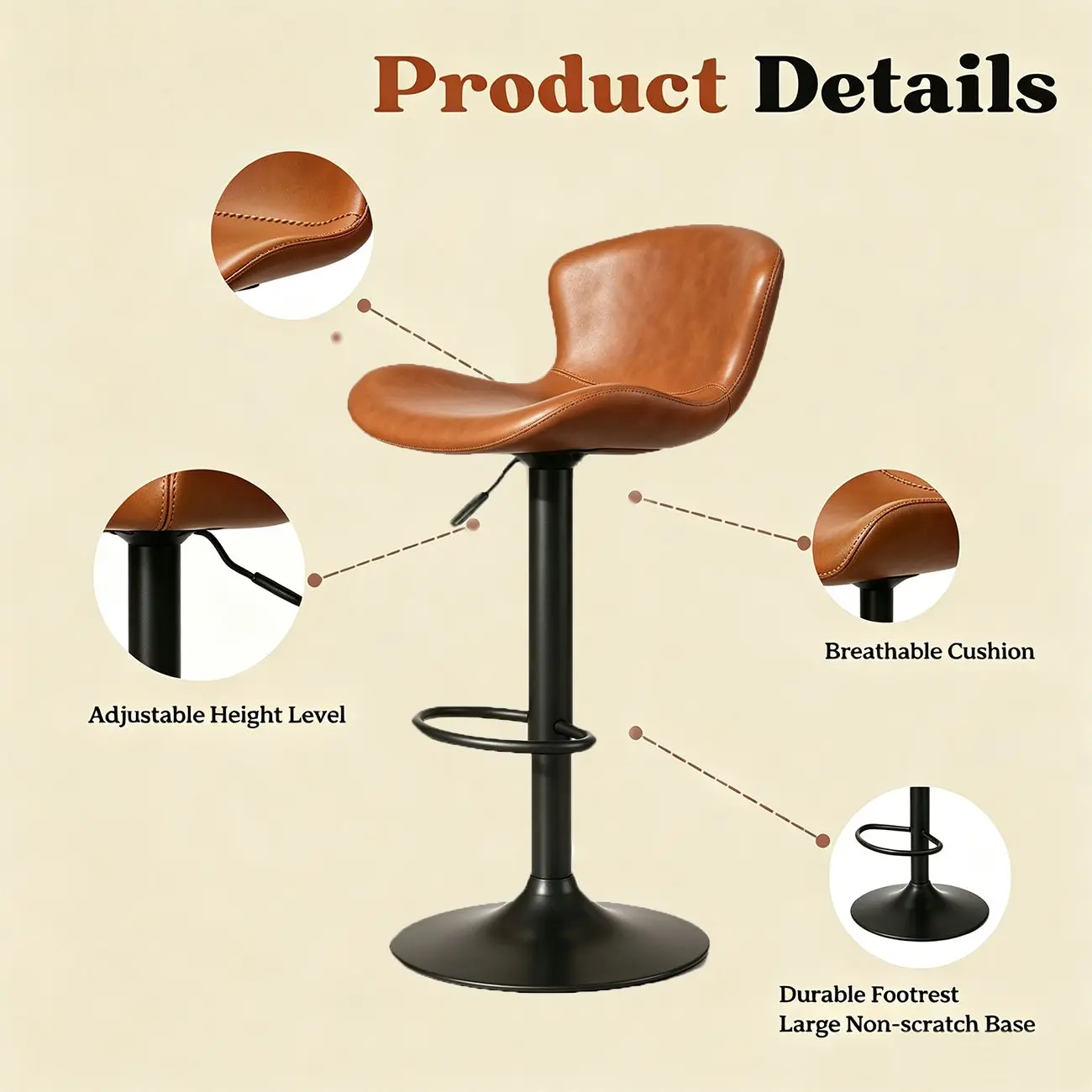 Industrial Waterproof Pu Leather Adjustable Swivel Bar Stool Image - 11 | homeyfad