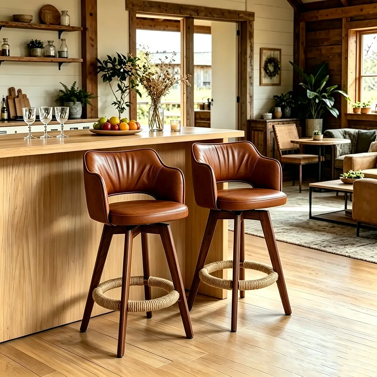 Set Of 2 Modern Swivel Faux Leather Counter Stools Solid Wood Frame Image - 1 | homeyfad