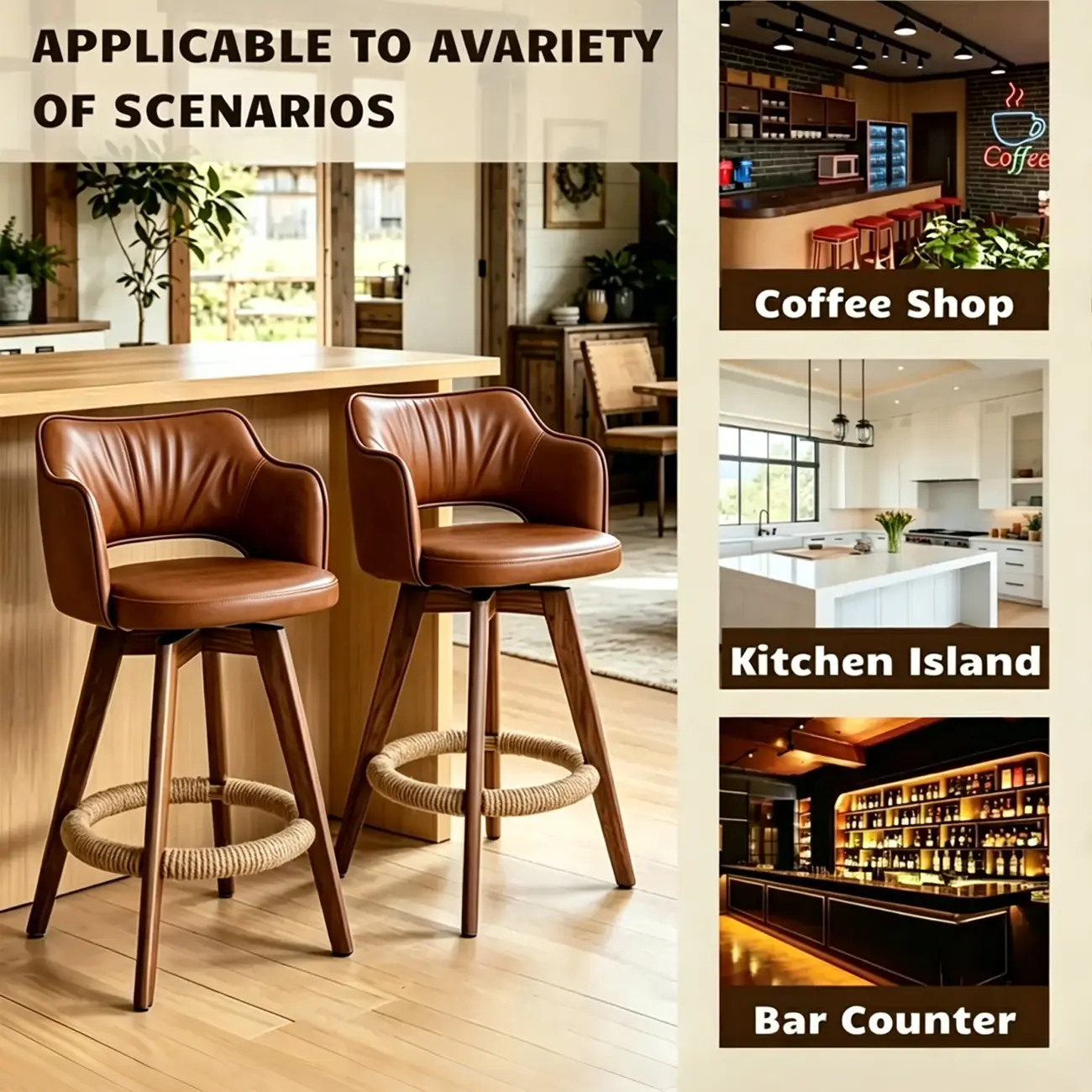 Set Of 2 Modern Swivel Faux Leather Counter Stools Solid Wood Frame Image - 3 | homeyfad