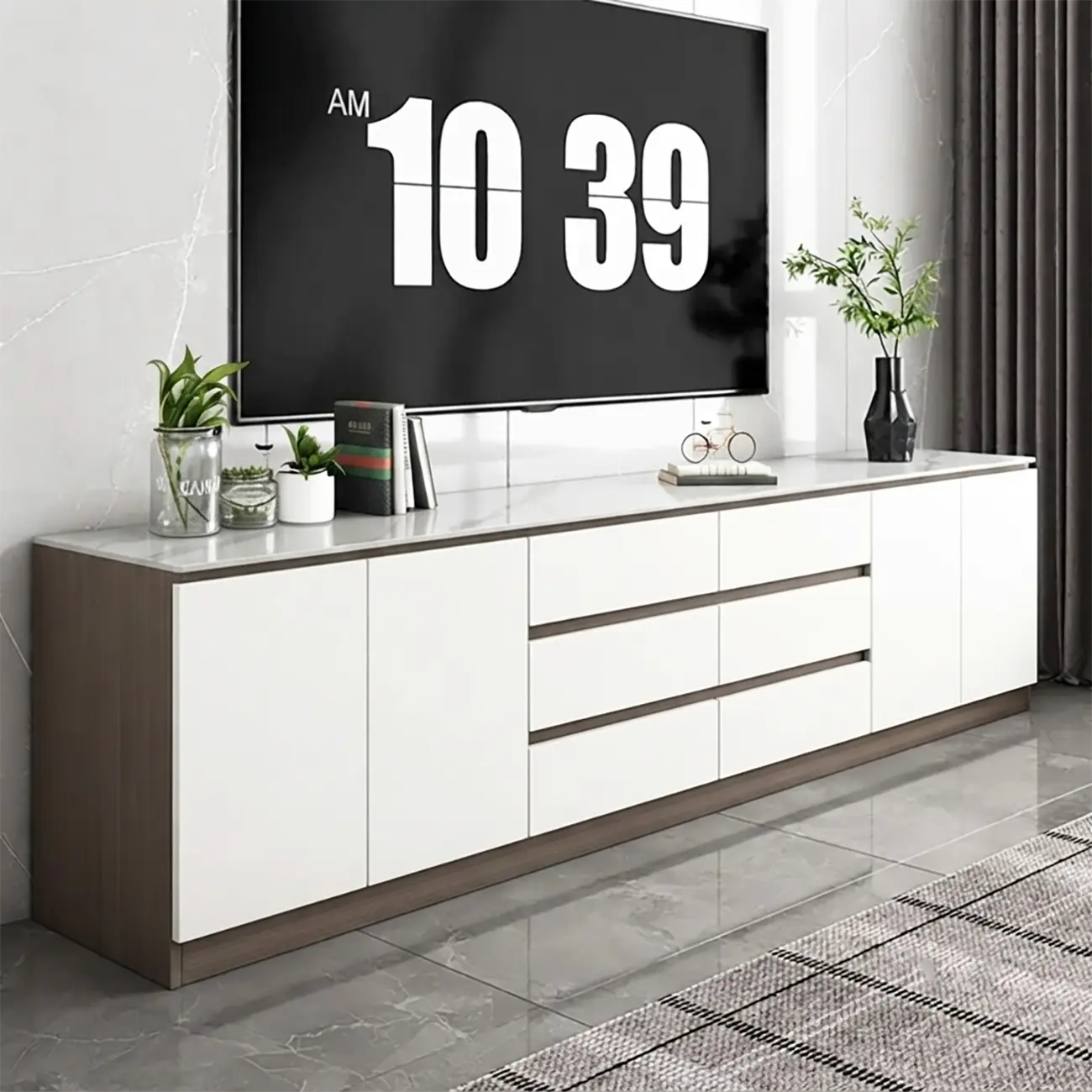 Modern Long White Wood TV Stand with Drawers Image - 2 | homeyfad