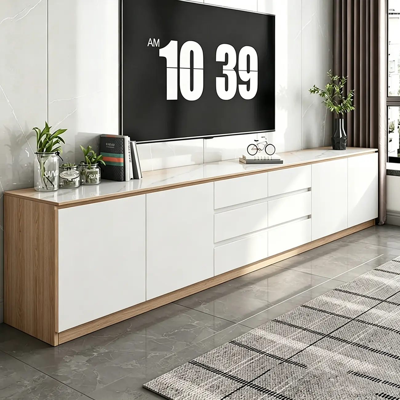 Modern Long White Wood TV Stand with Drawers Image - 6 | homeyfad