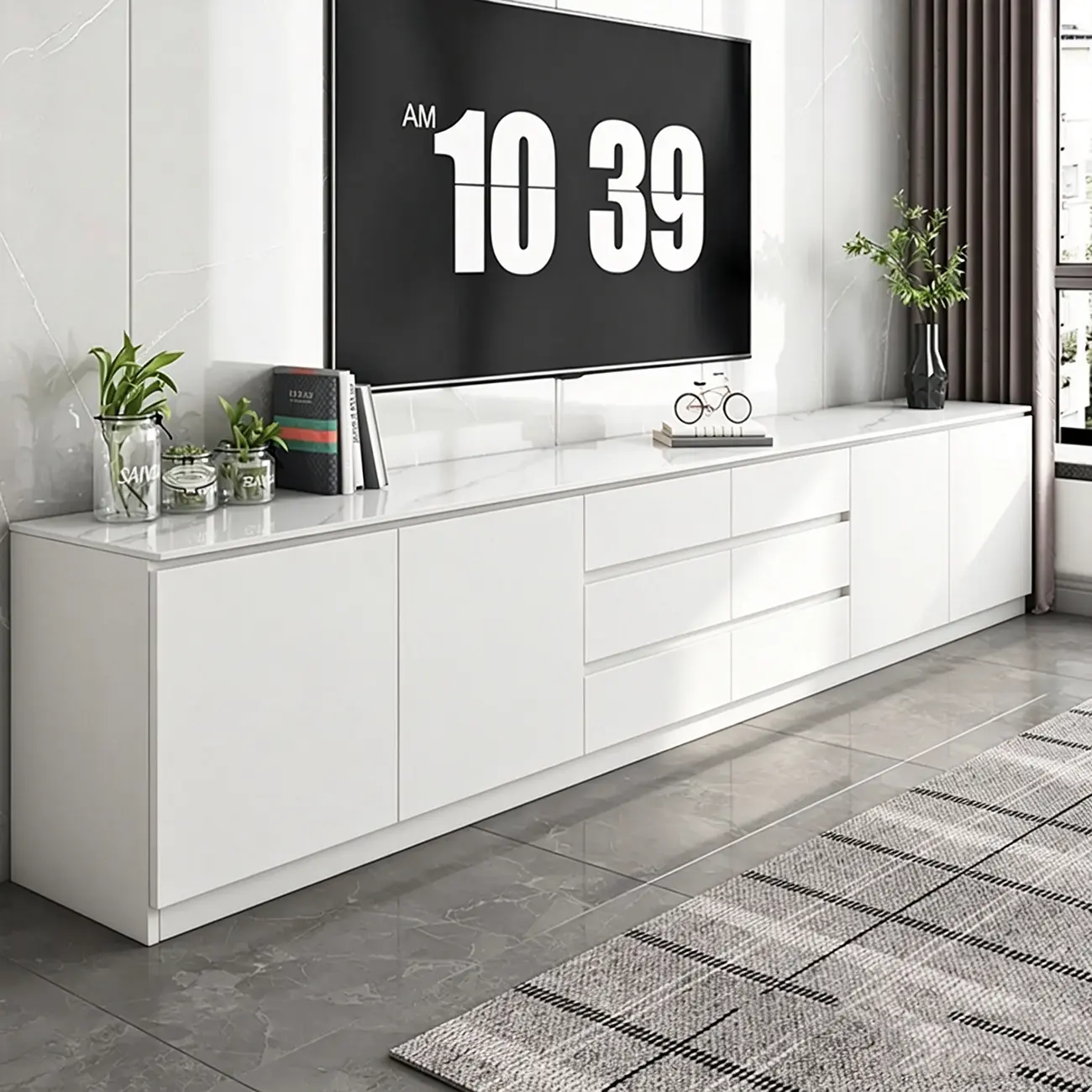 Modern Long White Wood TV Stand with Drawers Image - 7 | homeyfad