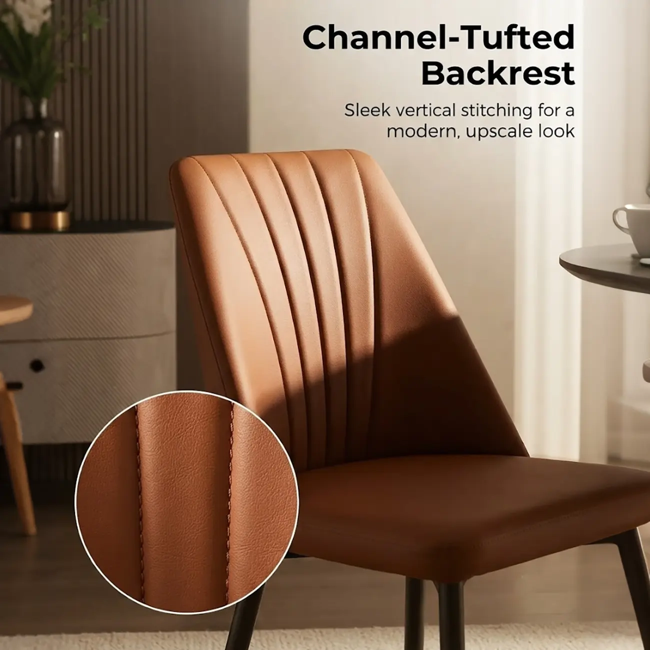 Modern Vertical Channel-tufted Back Faux Leather Dining Chairs Image - 8 | homeyfad