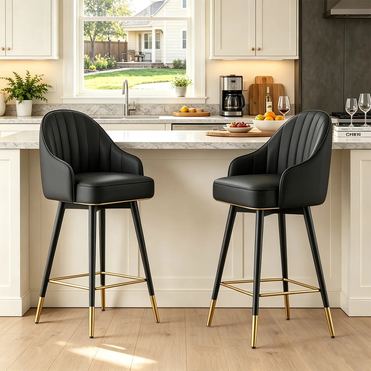 Art Deco Leather Swivel Bucket Cushioned Bar Stool Image - 5 | homeyfad