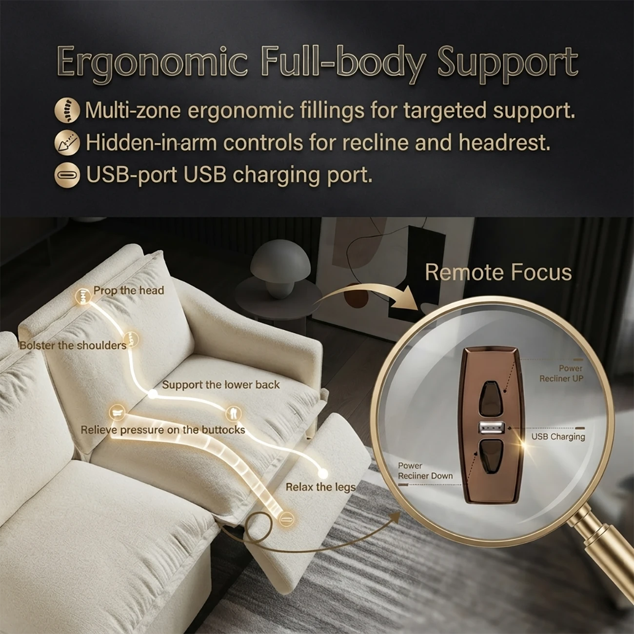 Beige Modern Living Room Power Reclining Sofa With Adjustable Footrest Image - 7 | homeyfad