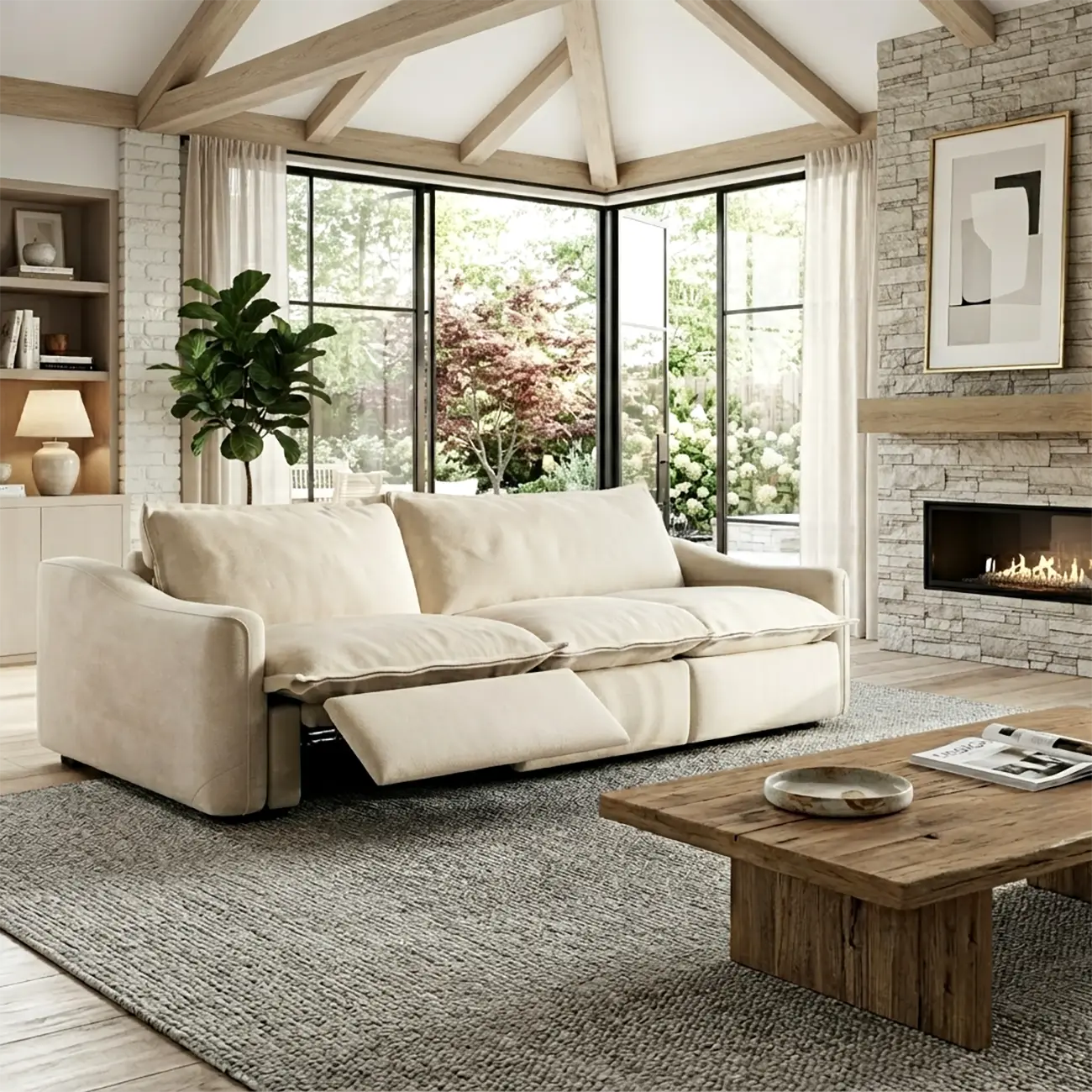 Beige Modern Living Room Power Reclining Sofa With Adjustable Footrest Image - 4 | homeyfad