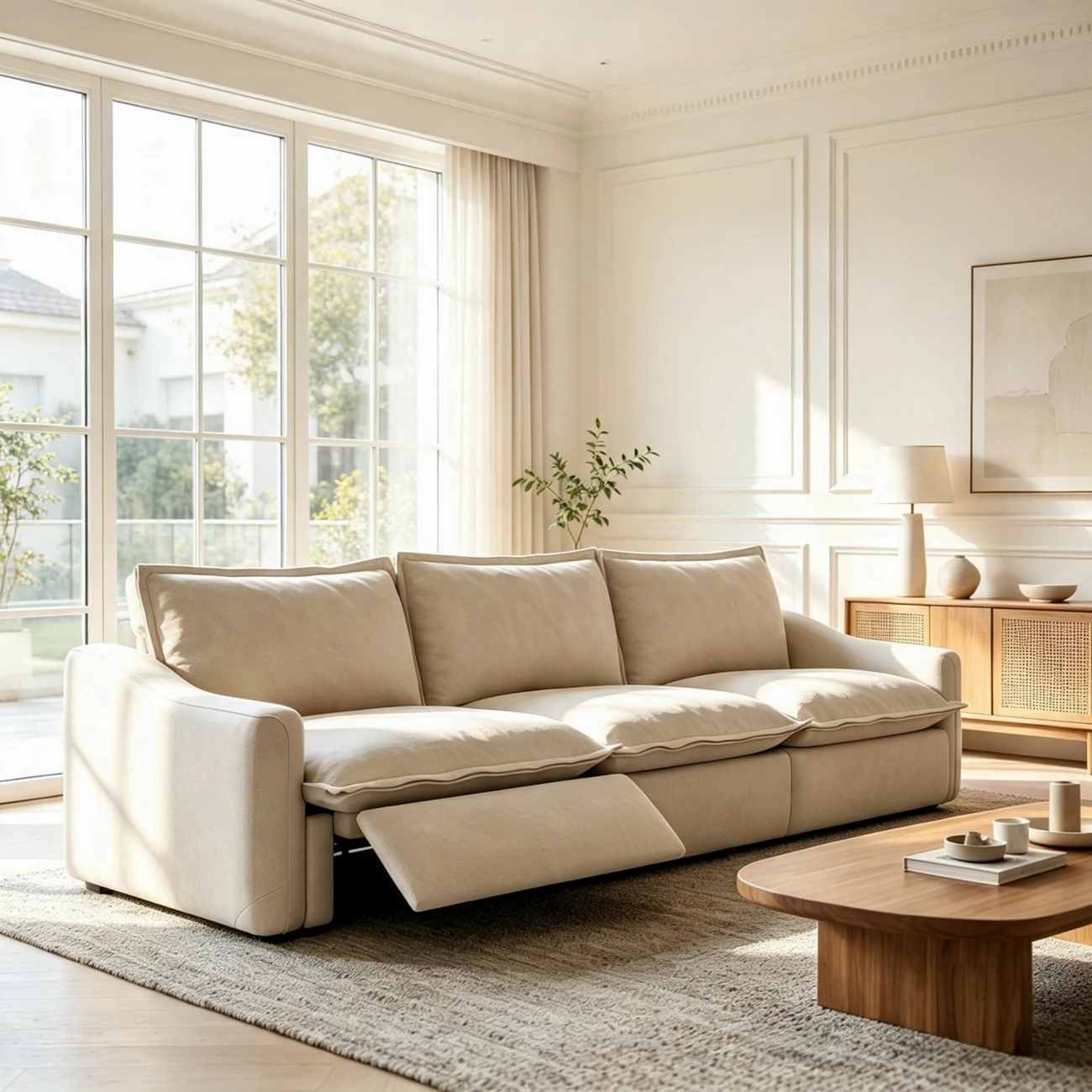 Beige Modern Living Room Power Reclining Sofa With Adjustable Footrest Image - 1 | homeyfad