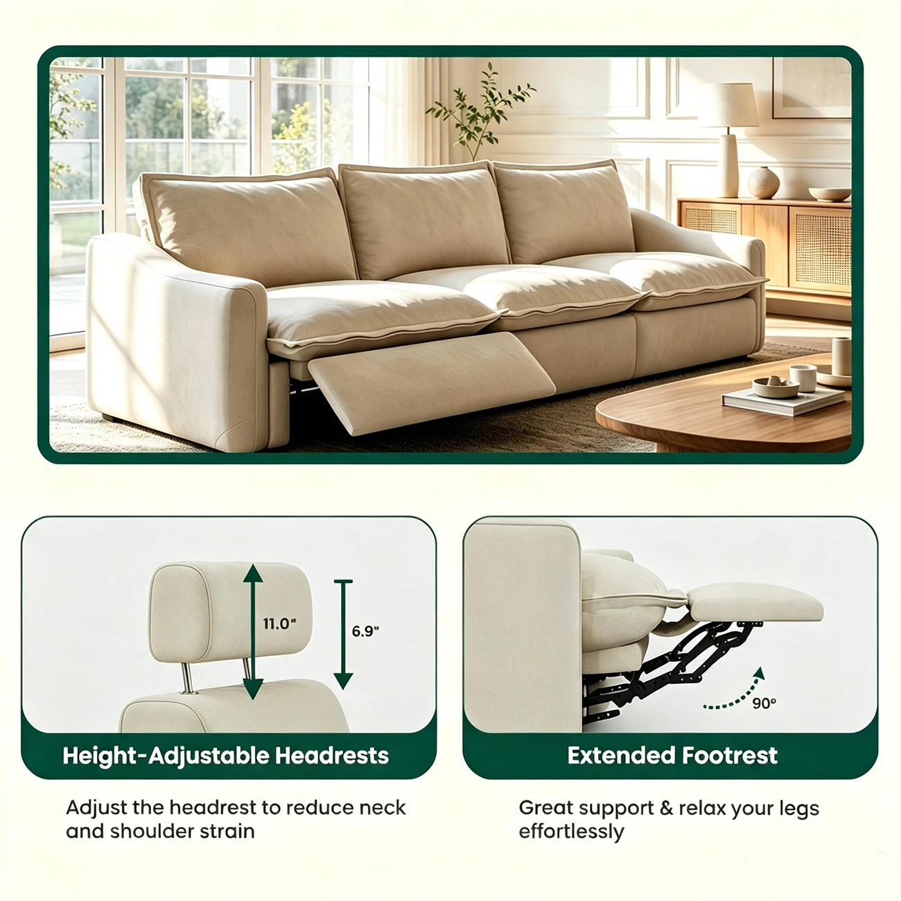Beige Modern Living Room Power Reclining Sofa With Adjustable Footrest Image - 10 | homeyfad