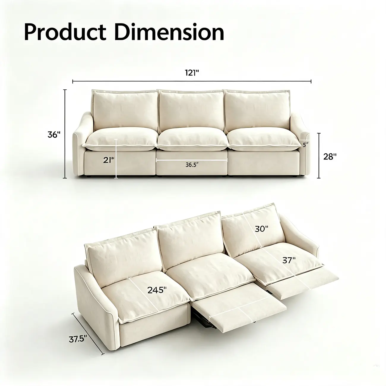 Beige Modern Living Room Power Reclining Sofa With Adjustable Footrest Image - 15 | homeyfad