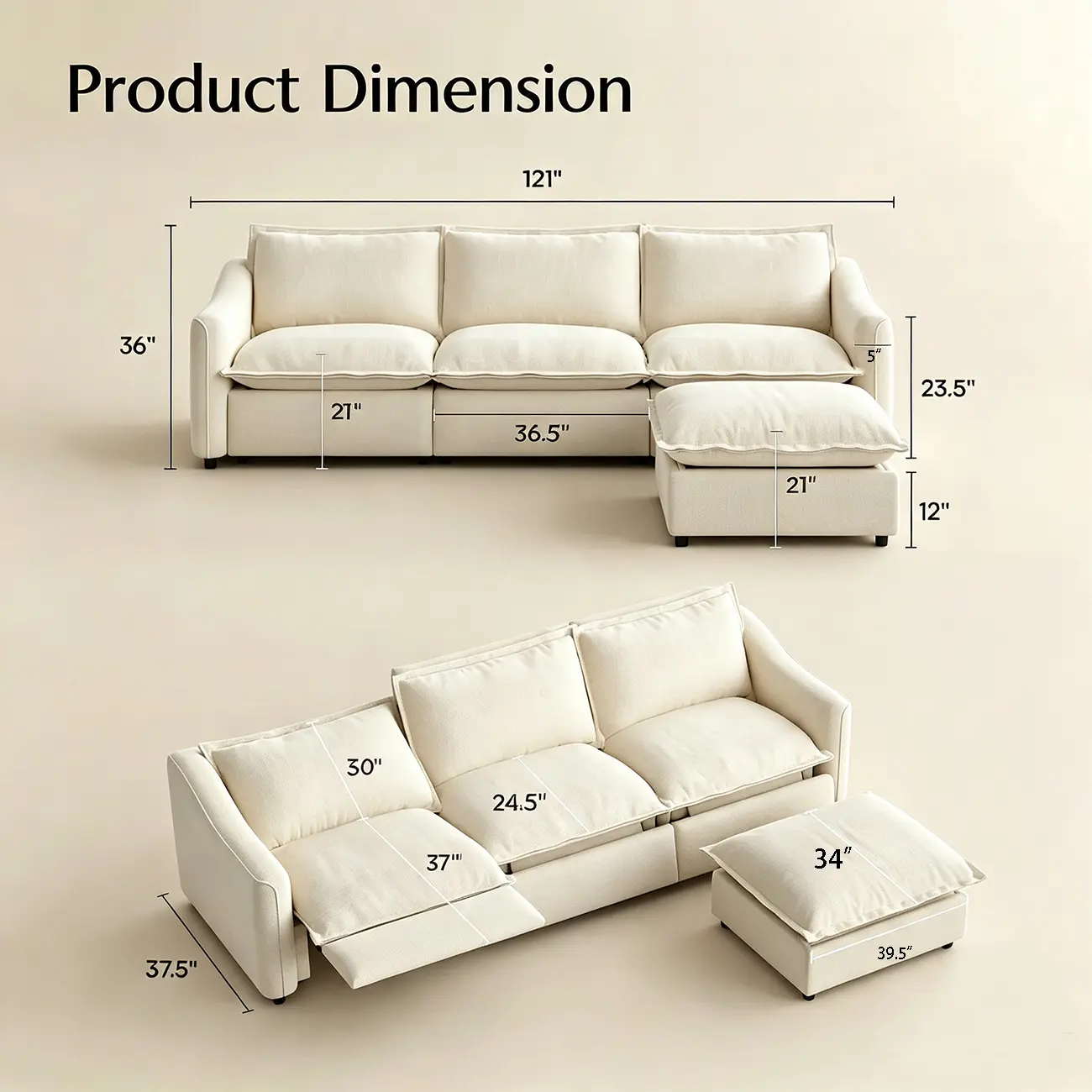 Beige Modern Living Room Power Reclining Sofa With Adjustable Footrest #size | homeyfad
