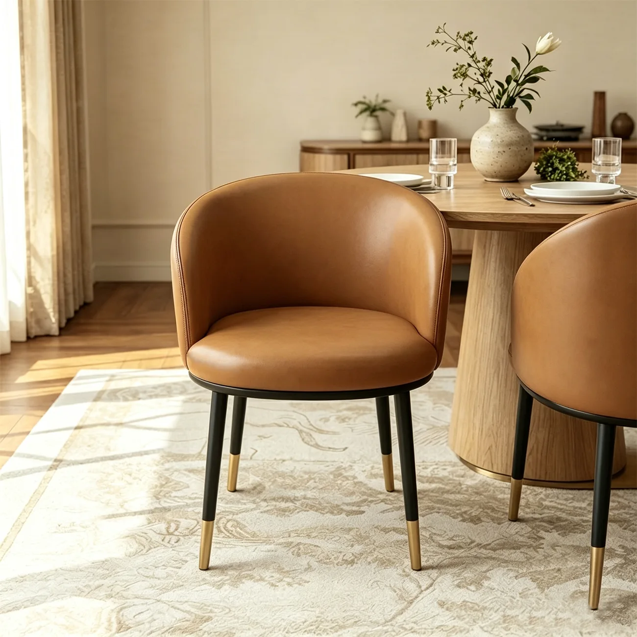 Mid-Century Modern Curved Barrel Back Leather Dining Chair Image - 2 | homeyfad