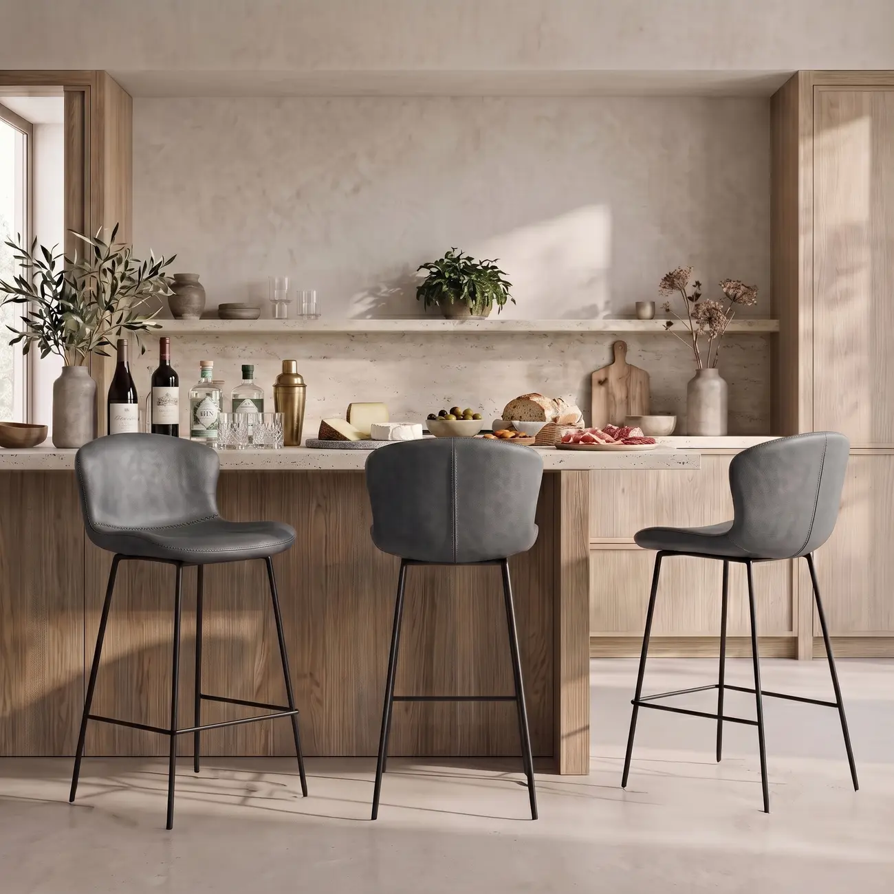 Modern Metal Frame Leather Cushion Low Back Bar Stool Image - 3 | homeyfad