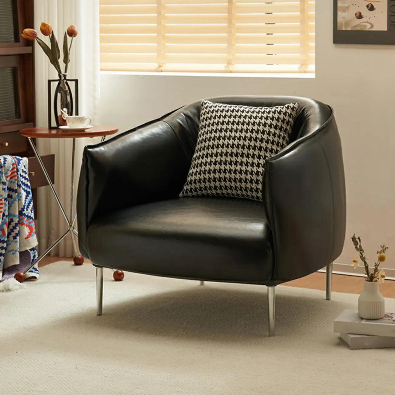 Modern Faux Leather Accent Chair with Ottoman & Metal Legs Image - 4 | homeyfad