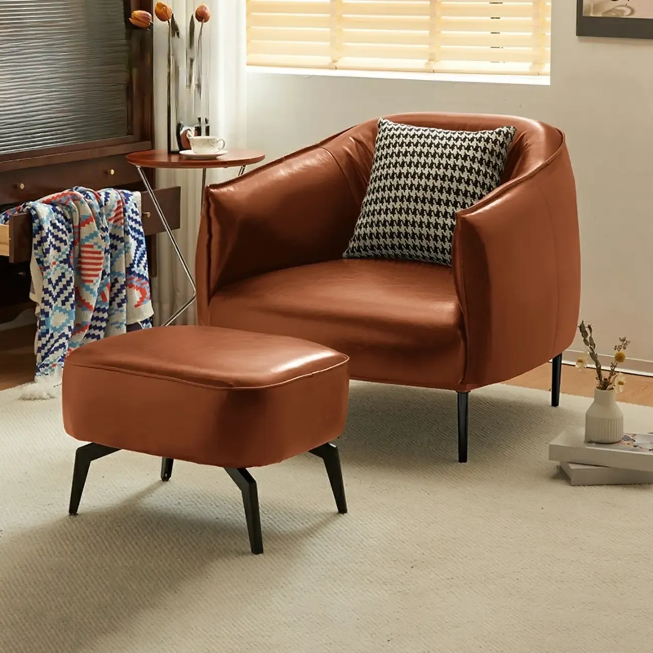 Modern Faux Leather Accent Chair with Ottoman & Metal Legs Image - 2